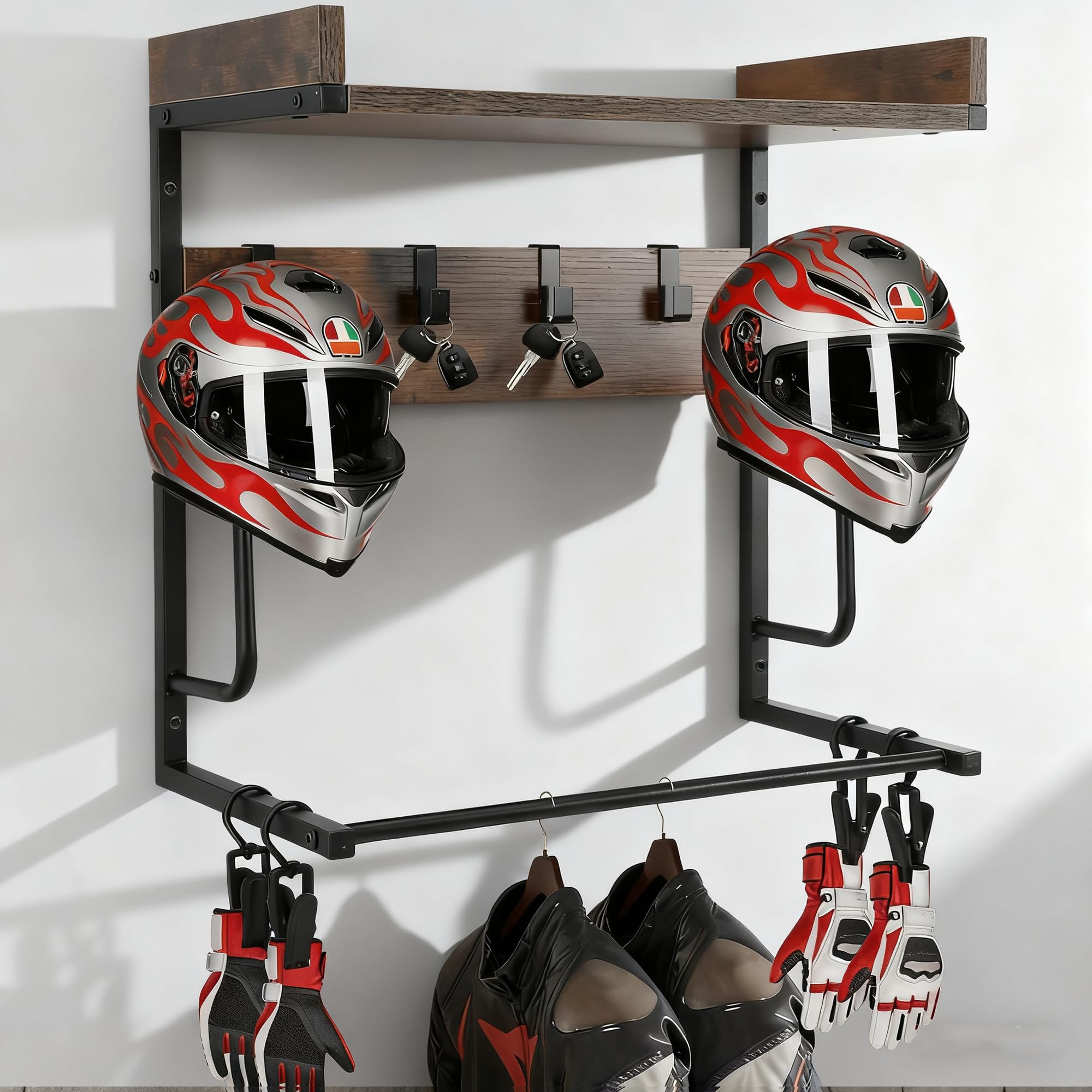 Support Casque Moto, Porte Casque Moto Mural avec 4 Clips à Gants et 4 Crochets, Support Mural pour Ranger Vos Accessoires de Moto, Football, Rugby, Équipement d'Autres Sports