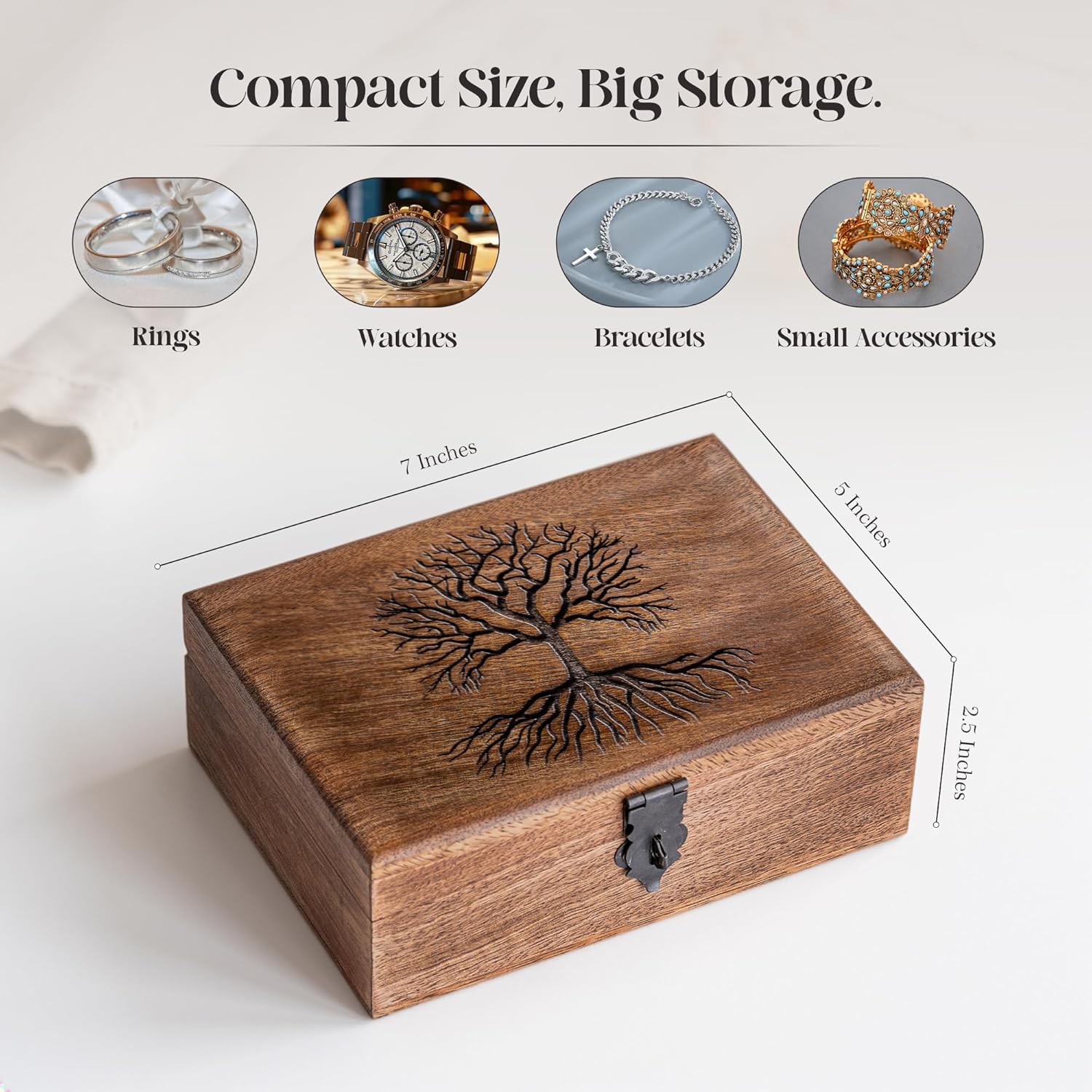 Handmade Mango Wood Tree of Life Jewelry Box, 7x5 inch Hand Carved Keepsake Box & Organizer, Unique Gift for Men & Women (Mystic Tree of Life)