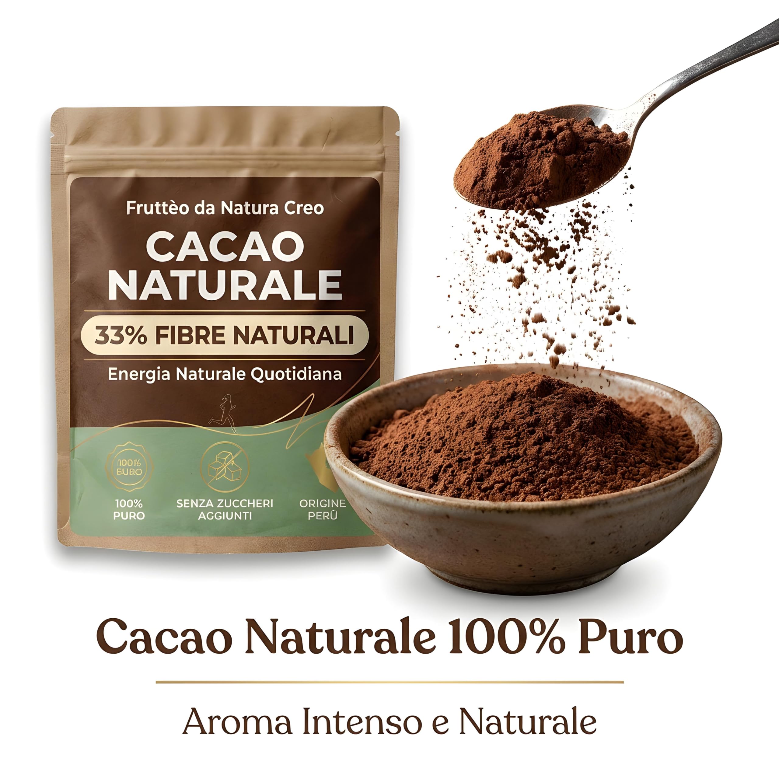 Cacao Amaro in Polvere 1 Kg – 100% Naturale Non Alcalinizzato – Alto Contenuto di Fibre (33%) – Senza Zucchero – Ideale per Dieta, Fitness e Colazione Sana