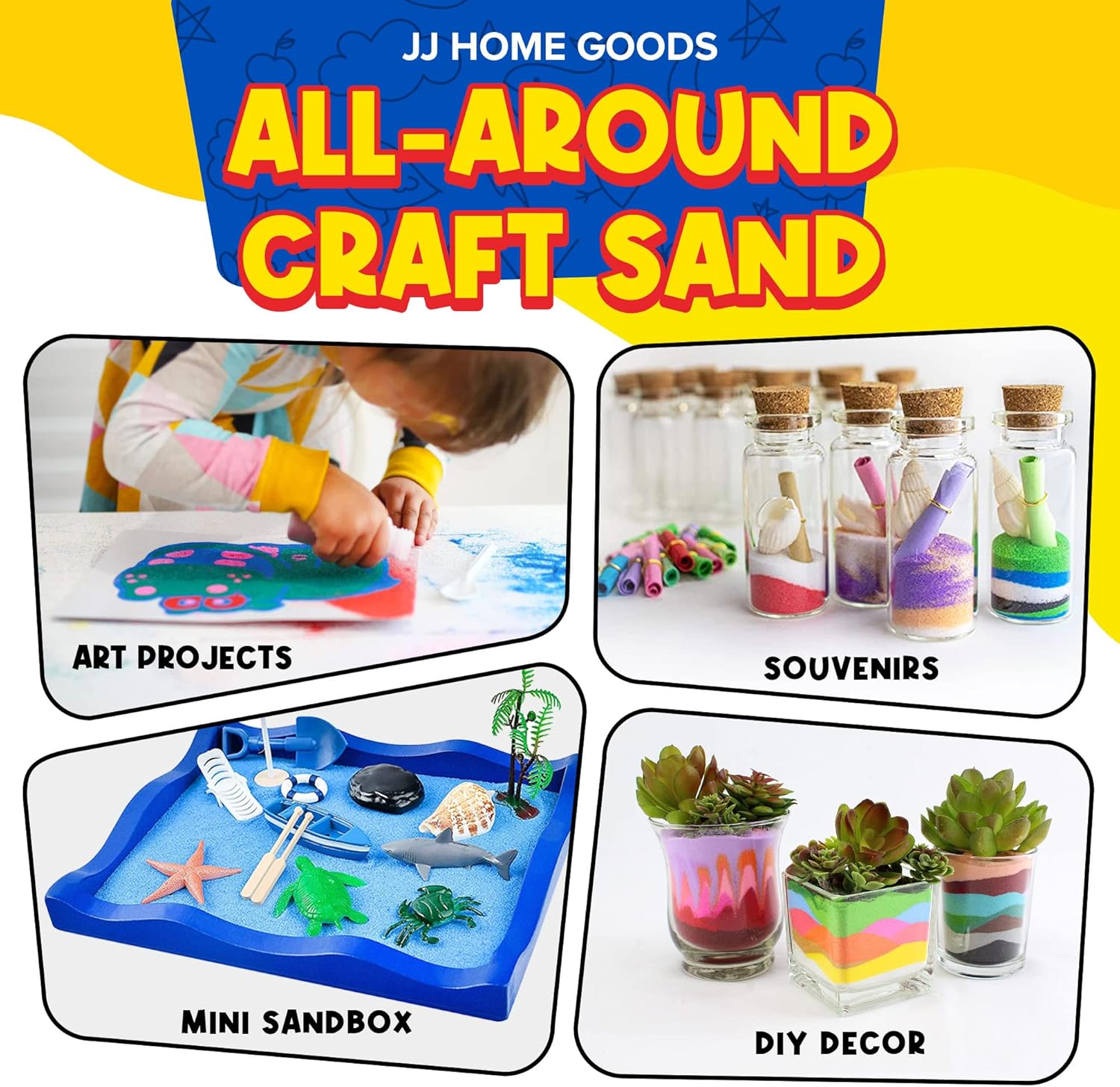 JJ CARE Colored Sand, 16.5 lbs. [15 Bottles] Craft Sand Art Kit for Kids 3 Years Above, Non-Toxic Color Sand Art Bulk, UV Stable Colorful Sand for Crafts, Wedding & Decorations, Kids Art Sand