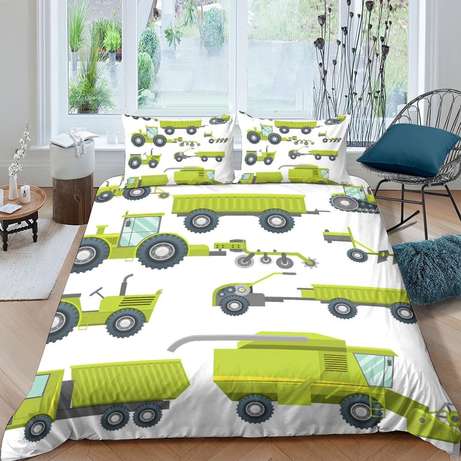 Ctjqhvkz Style-2 3D Printed Green Construction Vehicles Fitted Sheet Microfiber Soft Bed Cover For Bedroom Guestroom Decor Mattress Protection Single（135X200cm）