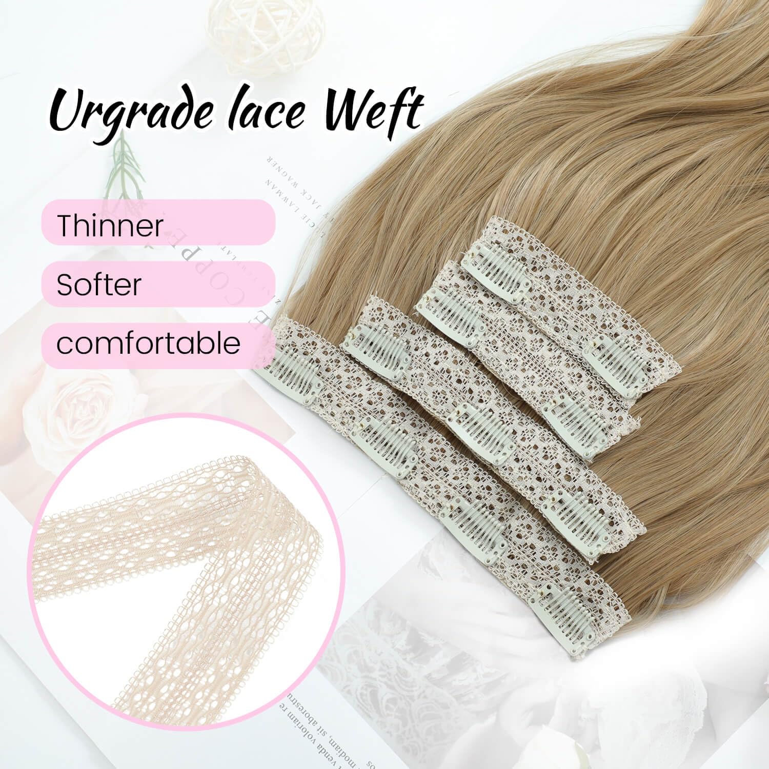 Ms Taj Honey Blonde Hair Extensions Clip in Upgrade Softer Invisible Lace Weft Thick Layered Clip in Hair Extension 20Inch 4PCS Lightweight Wavy Hairpieces Full Head Designed for women delicate hair - Image 4