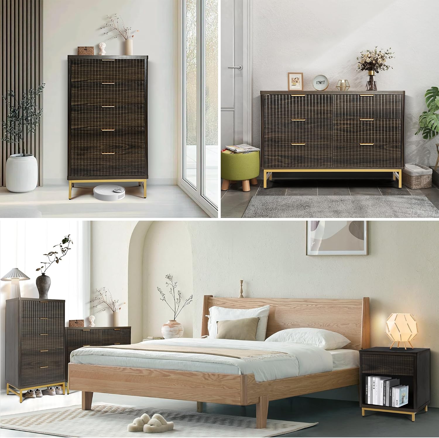 Fluted 6 Drawers Wood Dresser, 47.3" Wide Modern Chest of Drawers with Metal Legs, Curved Profile Design, Wide Storage Drawer Organizer for Bedroom, Living Room, Hallway, Midnight Oak