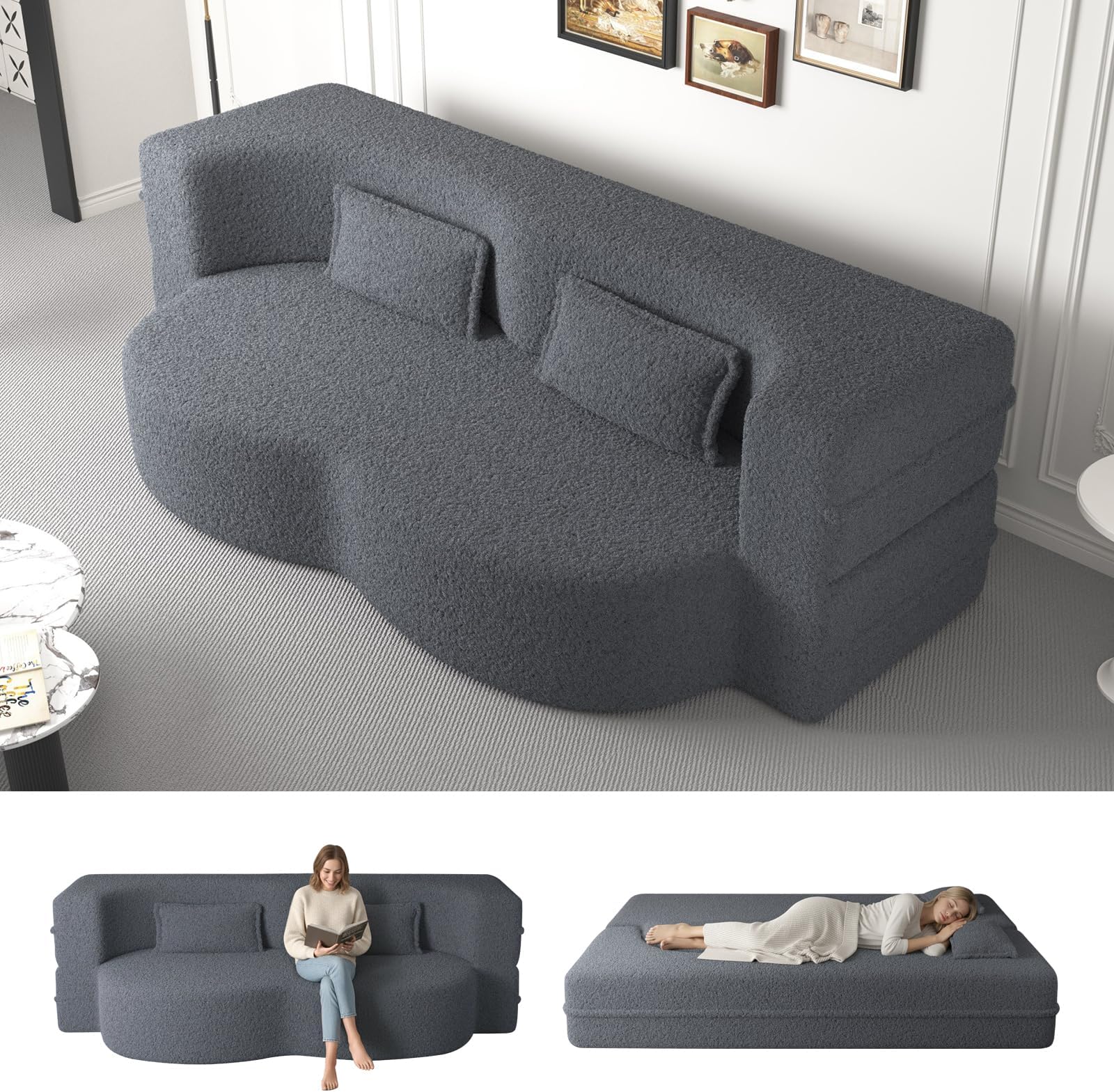 Convertible Sleeper Sofa Bed,15" Thick Full Size Folding Floor Couch with 2 Pillows, Teddy Fabric Foam-Filled Futon Loveseat Couch for Living Room, Guest Use, Office, Apartmen (Grey)