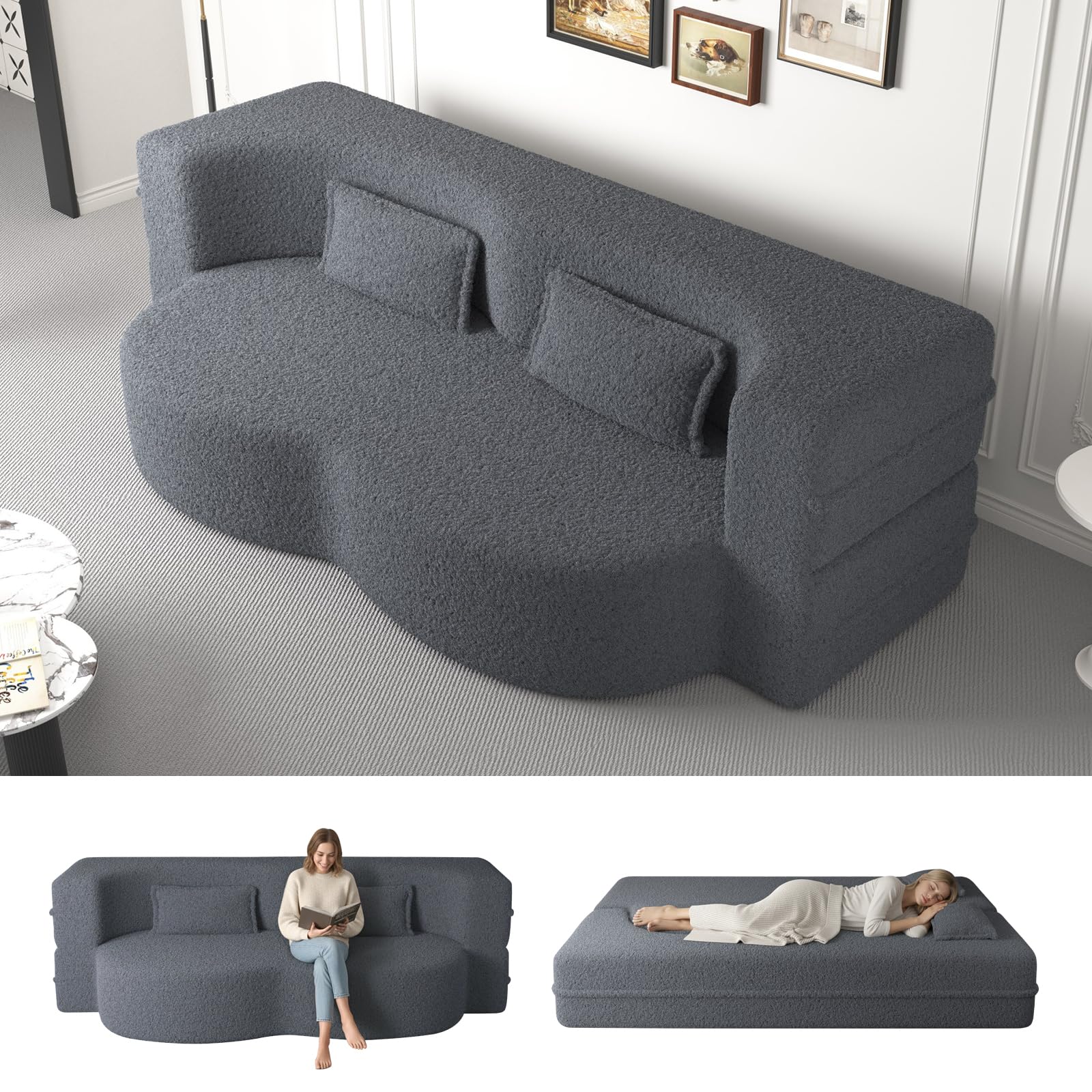 Convertible Sleeper Sofa Bed,15" Thick Full Size Folding Floor Couch with 2 Pillows, Teddy Fabric Foam-Filled Futon Loveseat Couch for Living Room, Guest Use, Office, Apartmen (Grey)