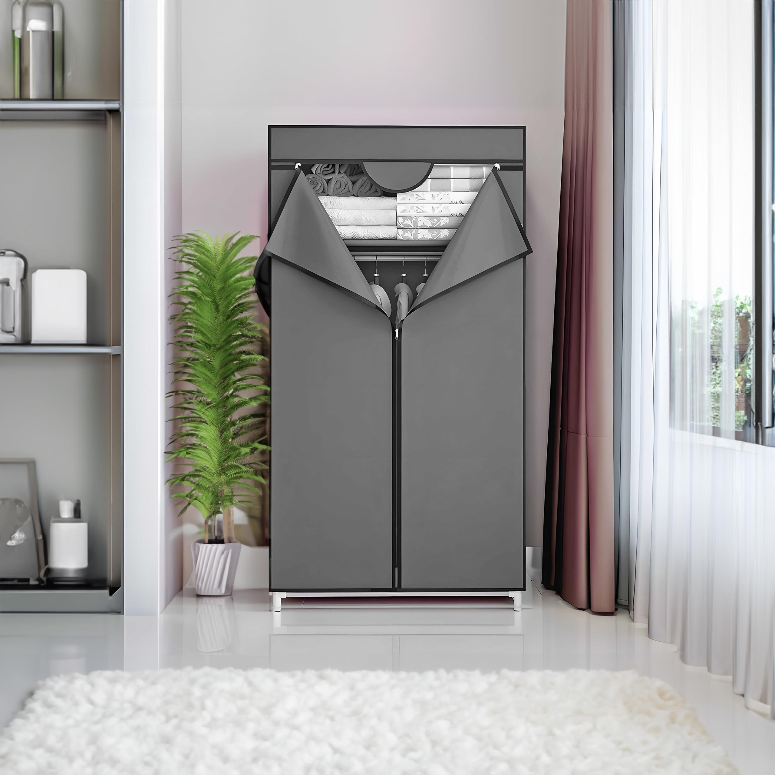 Retoo Kleiderschrank Aus Stoff, Stoffkleiderschrank, Faltschrank, Reißverschluß, Stoff, Kleiderständer, Aufbewahrung für Taschen, Spielzeug,Schuhe Graue, Farbe