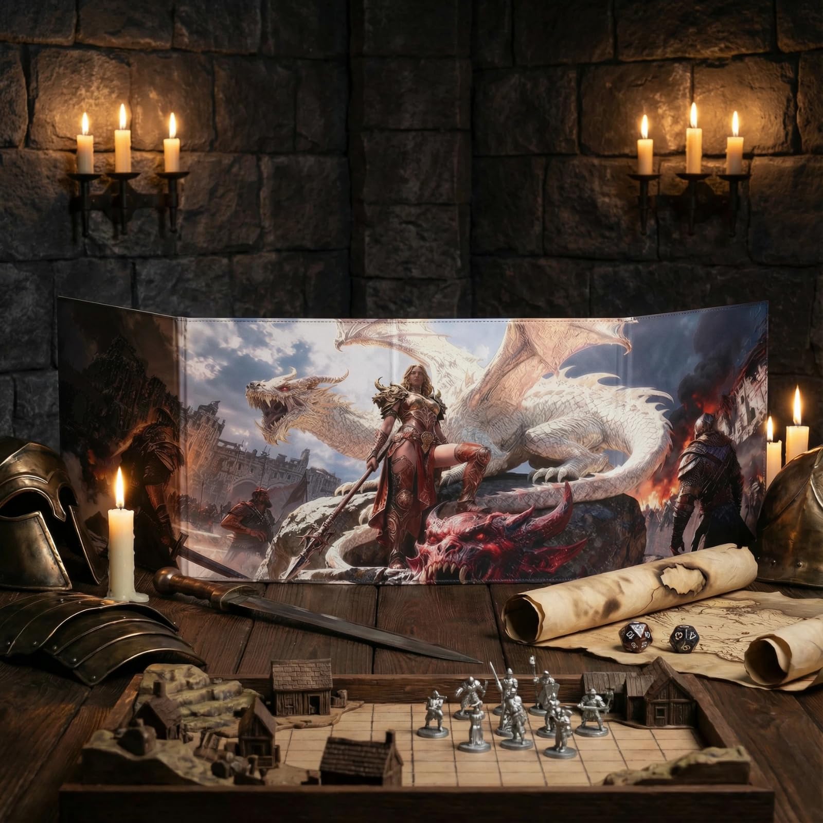 DND 5e DM ekran 8-panelowy sztuczna skóra deluxe z kołyszącymi się kieszeniami na mokro i Dungeon Master Cheat Sheets Dungeons and Dragons GM Terrain Accessories D&D prezent dla mistrzów gier TTRPG