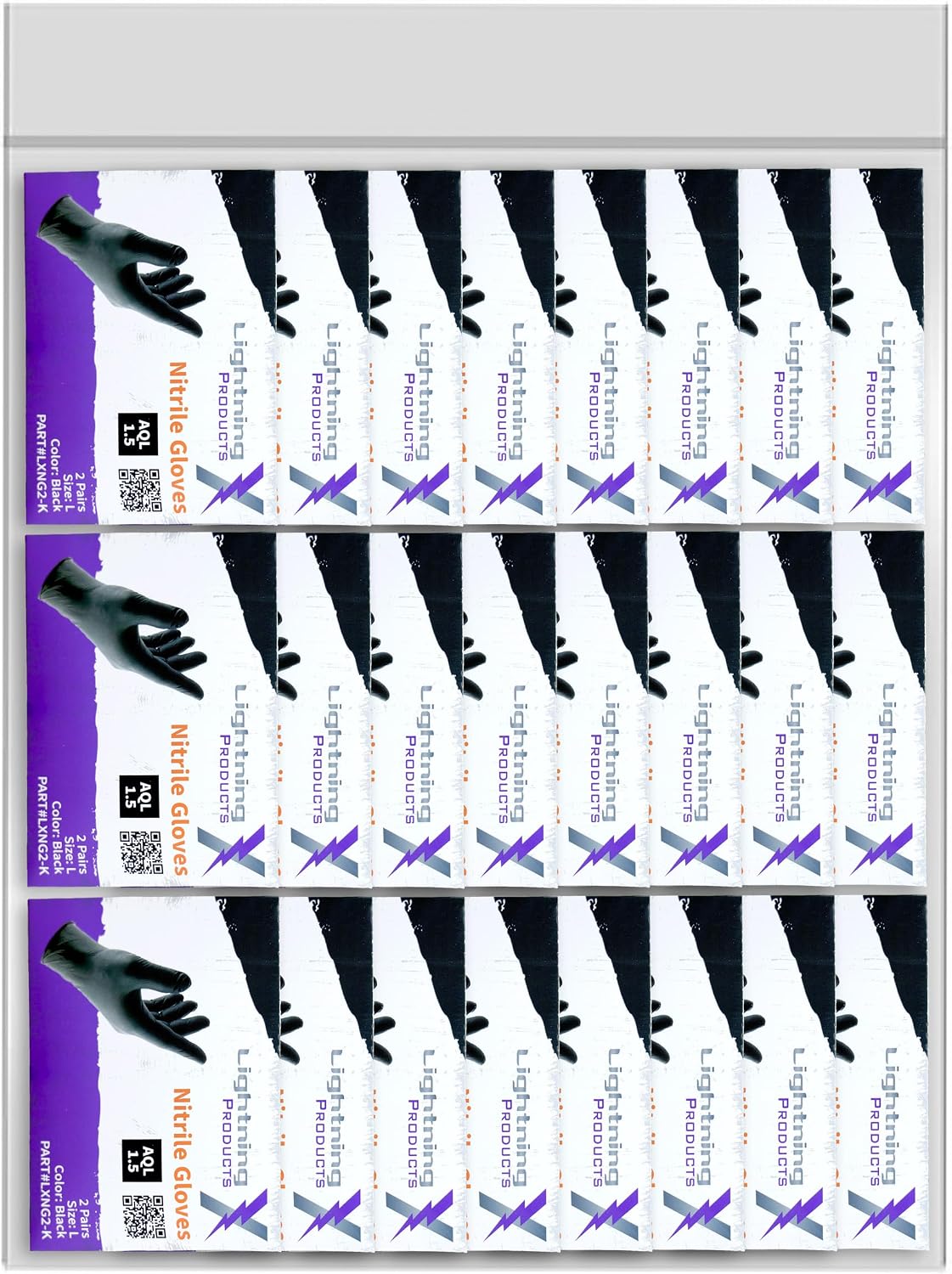 Lightning X Products Black Nitrile Glove Pairs, Individually Packed, 100 Gloves, 50 Pairs, 25 Carded Packs of 2 Pairs - Large