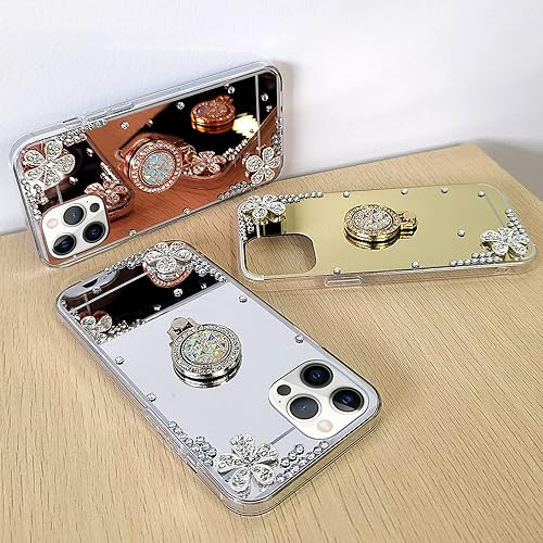 Miniatura 6 de Omorro Funda con espejo de maquillaje para iPhone 13 Pro Max para mujeres y niñas, cubierta de lujo con diamantes de imitación brillantes con anillo