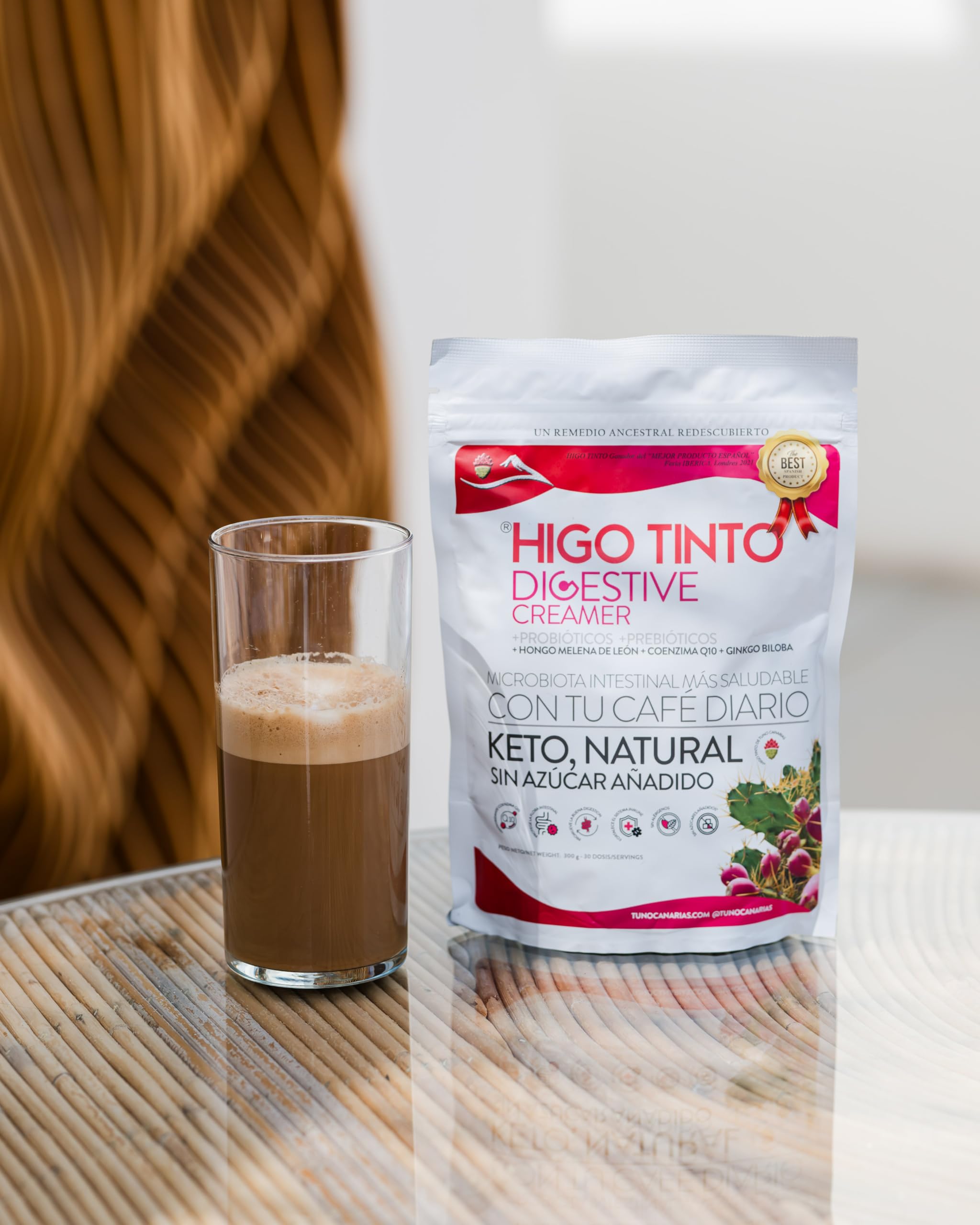 Digestive Creamer Bio Mejora la digestión y el bienestar – Probióticos + Prebióticos + Coenzima Q10 + Hongos funcionales – 300 g – Ideal para café – Sin azúcar – Con HIGO TINTO de Tuno Canarias