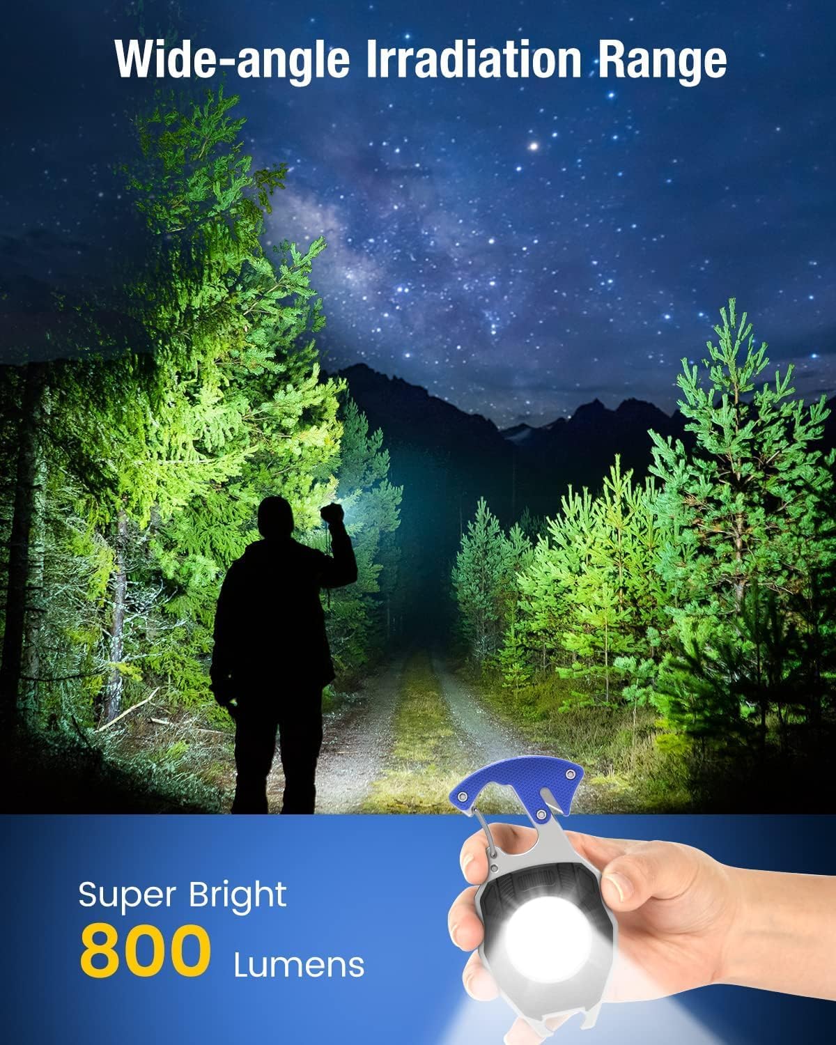 Keychain Work Light, 7 Modes Mini Rechargeable Torch, IPX5, 800 Lumens COB Keychain Flashlight, Multifunctional Portable Light with Whistle for Outdoor Camping Emergency Lighting