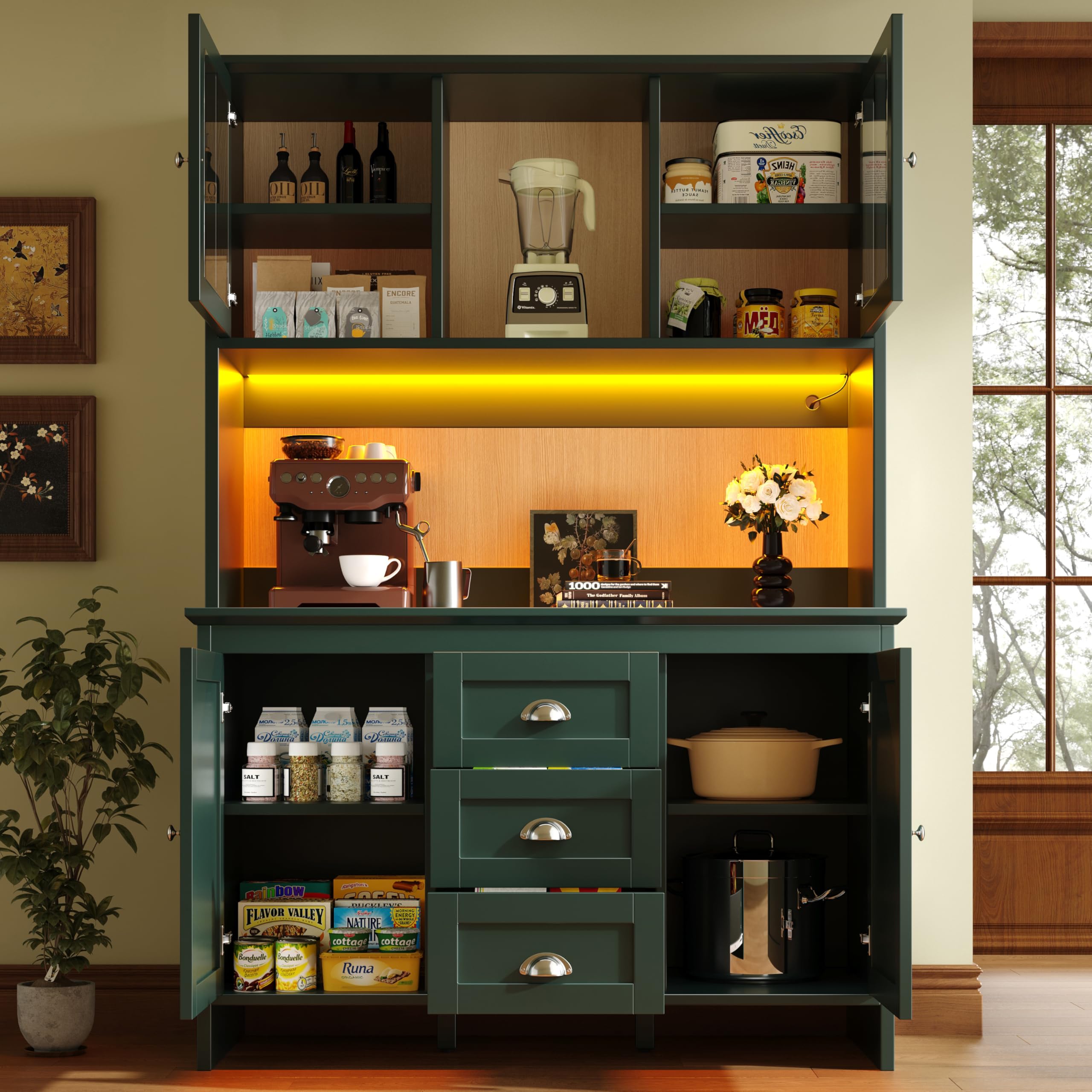 Armadio a buffet, alto da cucina, credenze, con ante in vetro marrone e illuminazione a LED, 4 ante e 3 cassetti, per cucina, sala da pranzo, 120 x 40 x 179 cm (verde)