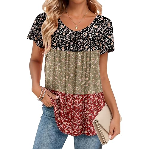 Zeagoo Women Tops Summer Ruffle Short Sleeve Shirts V Neck T Shirts Pleated Tunic Tops Work Blouses Business Outfits