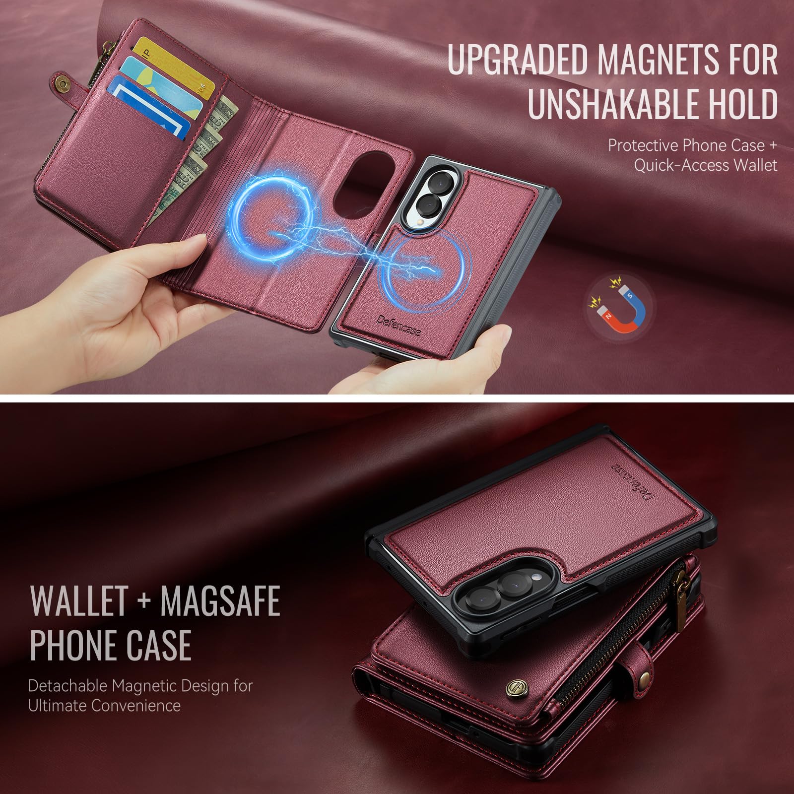 Defencase Funda tipo cartera para Galaxy Z Fold 8 compatible con Magsafe | Funda magnética desmontable para tarjetas RFID Bolcking con cremallera, piel sintética, a prueba de caídas para Samsung