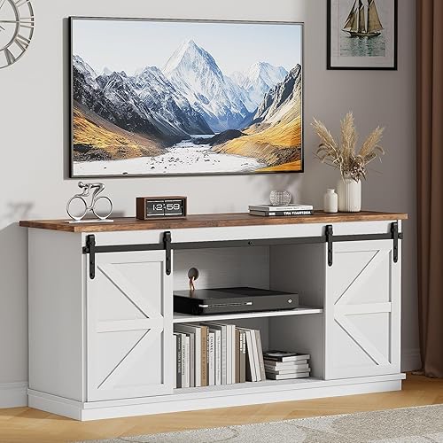 Vista 2 de JUMMICO Soporte de TV con 4 cajones para TV de 65 pulgadas, centro de entretenimiento de granja con almacenamiento y puertas corredizas de granero