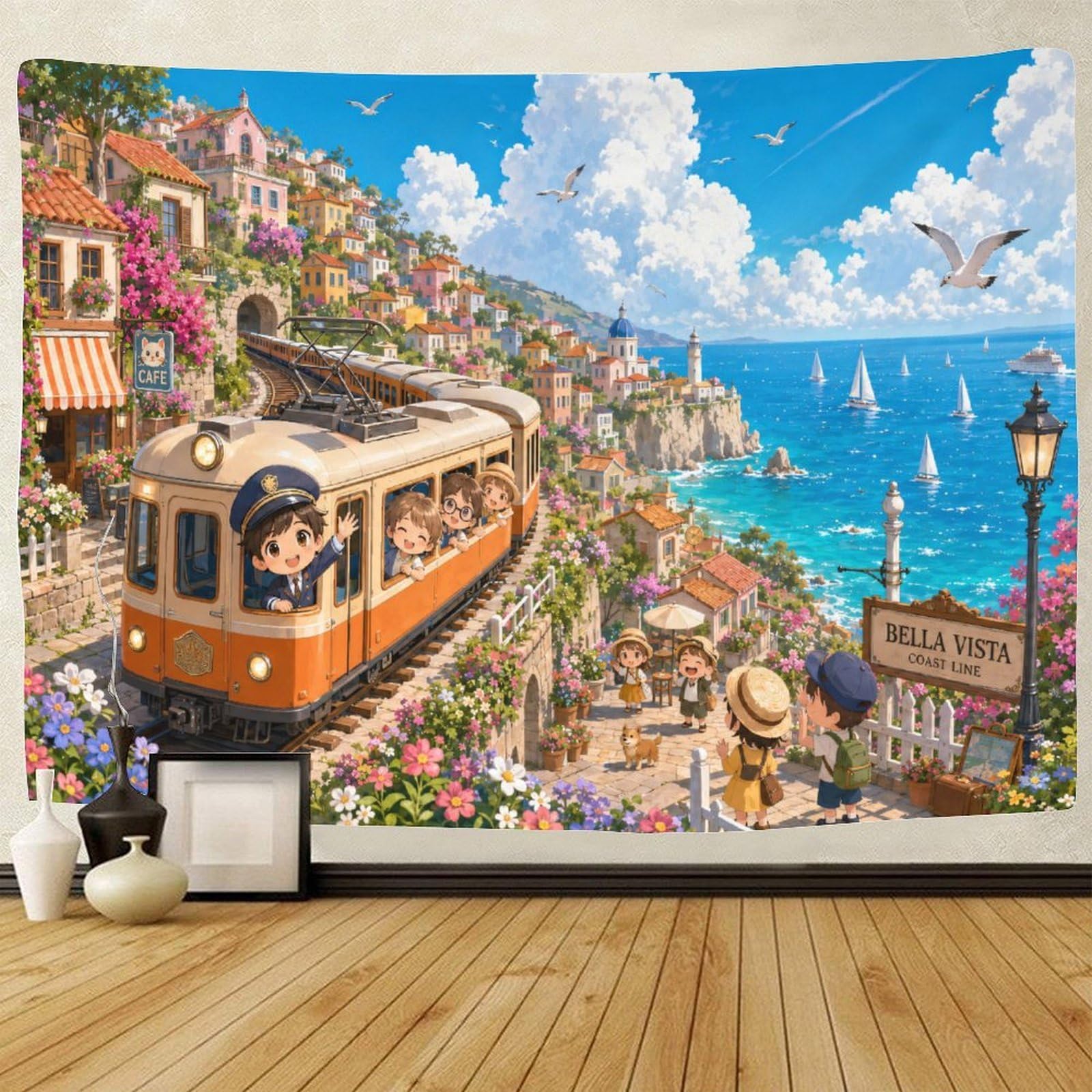 GPMNBCXZK Chibi Amalfi Coast Train Wall Hanging Decor Wall Tapestry 3D Print Tapestries Poster Curtain Living Room Dorm 180cmx230cm