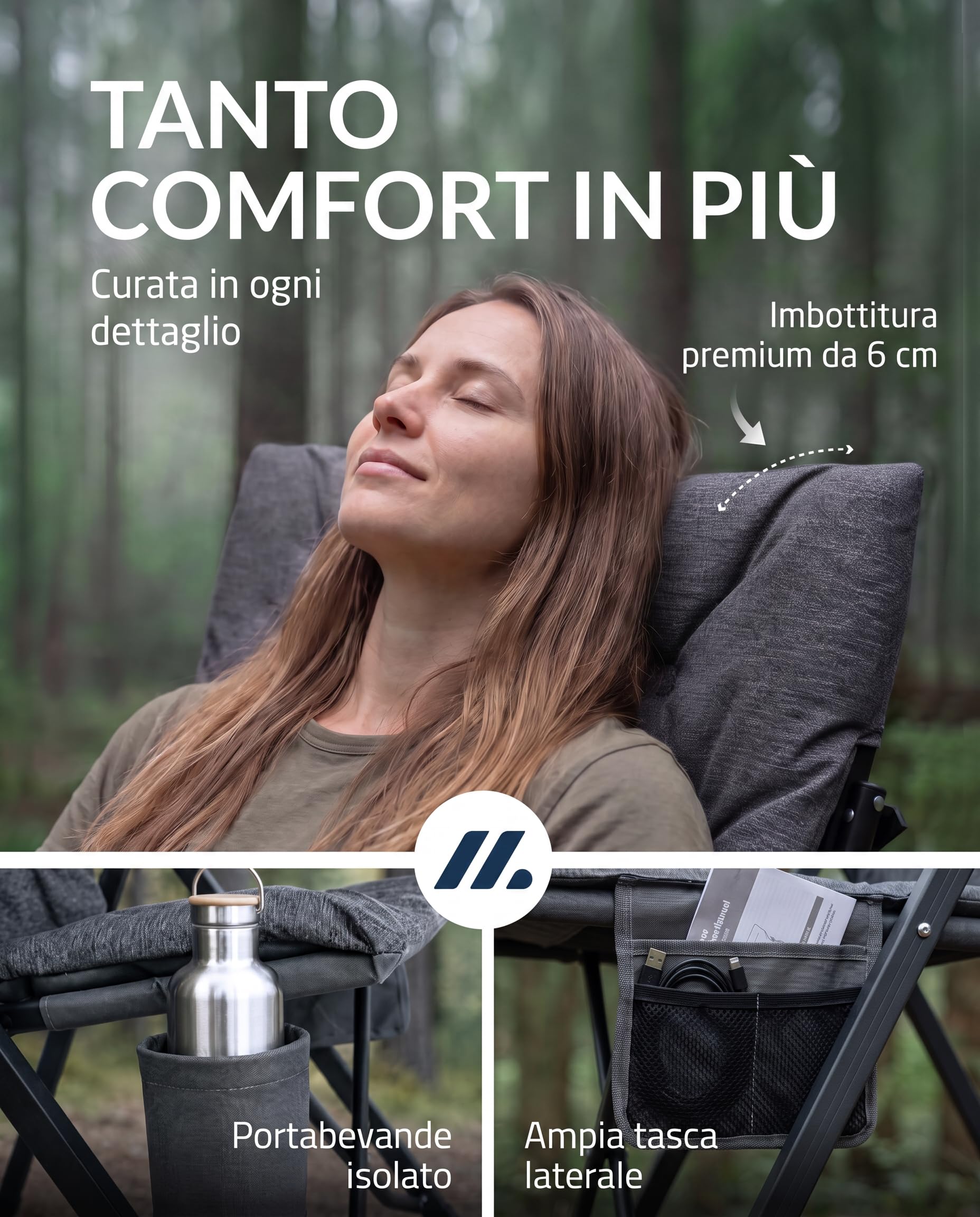 NORDMUT® Sedia da campeggio premium pieghevole con schienale alto – regolabile in 4 posizioni – Comoda sedia da giardino con portata 140 kg per campeggio e outdoor (Grigio cenere 1x)