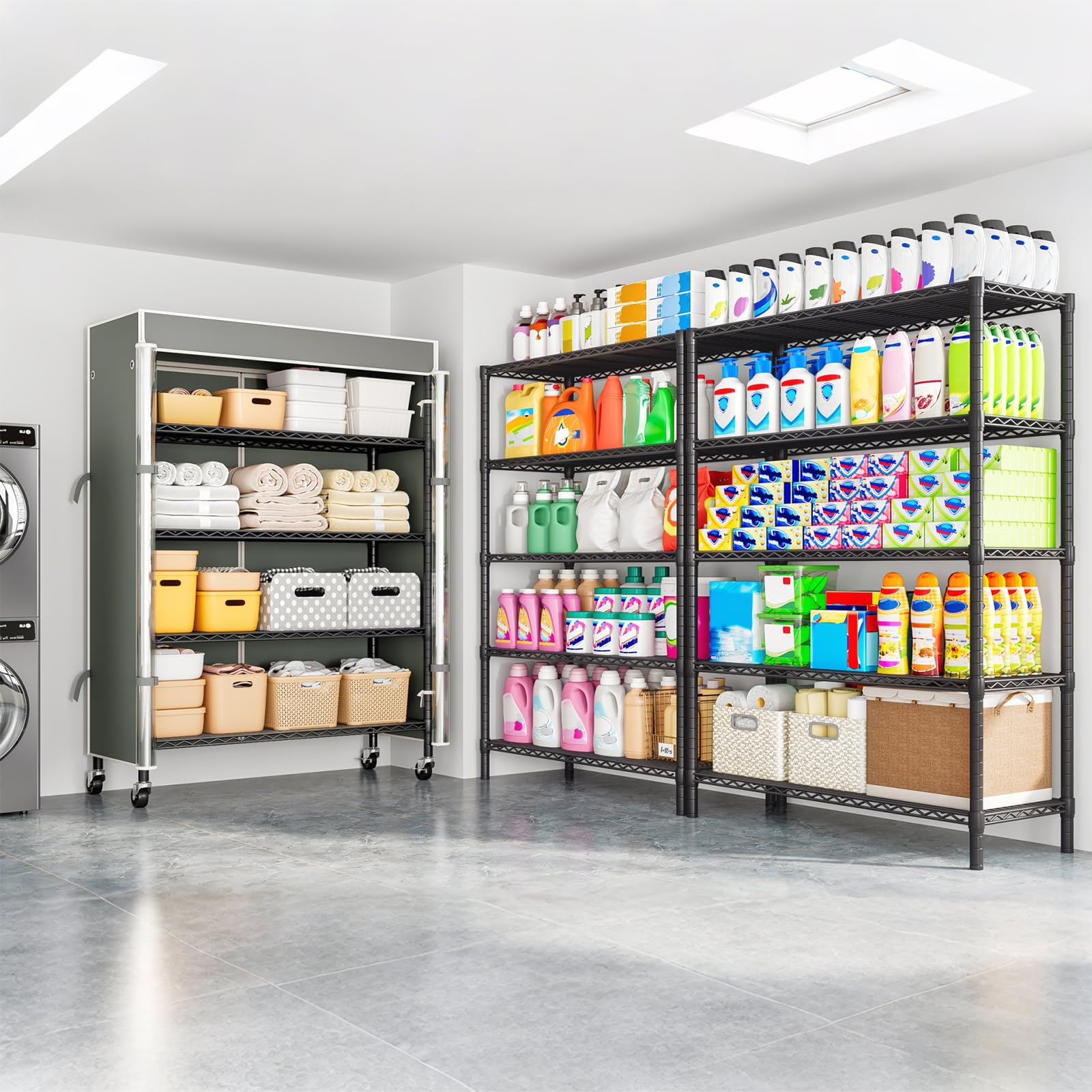 KZOBYD Scaffale alto 185 cm con copertura e ruote, scaffale in metallo resistente a 5 ripiani, scaffale in metallo con ripiani regolabili, scaffale portaoggetti per cucina e garage