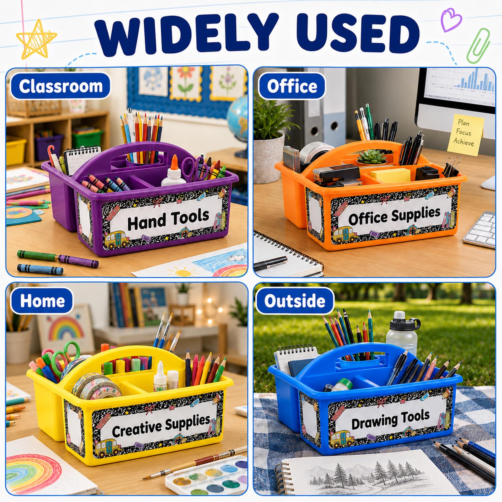 Confezione da 6 organizer colorati per aule con etichette adesive per quaderni, 3 scomparti, forniture per insegnanti, da tavolo, per scrivania, ufficio, artigianato, arte, scuola