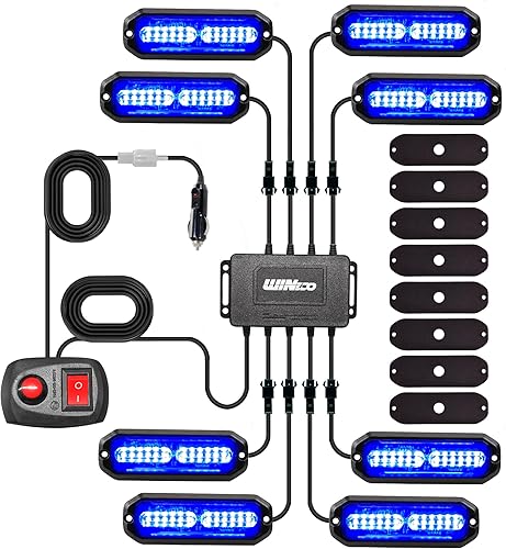 WINECO 8 luces LED estroboscópicas de 12 V, función de sincronización azul, 12 LED, luces de advertencia de peligro de emergencia con controlador