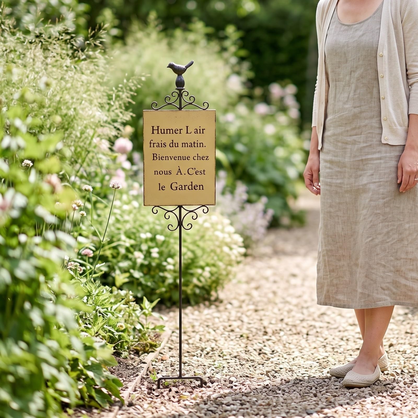 Metall Gartenstecker Schild Freistehend Antik Wetterbeständig Verzierter Schriftzug Rustikal Pflanzkübel Rasen Hof Blumenbeet Rand für Außenbereich, Gelb