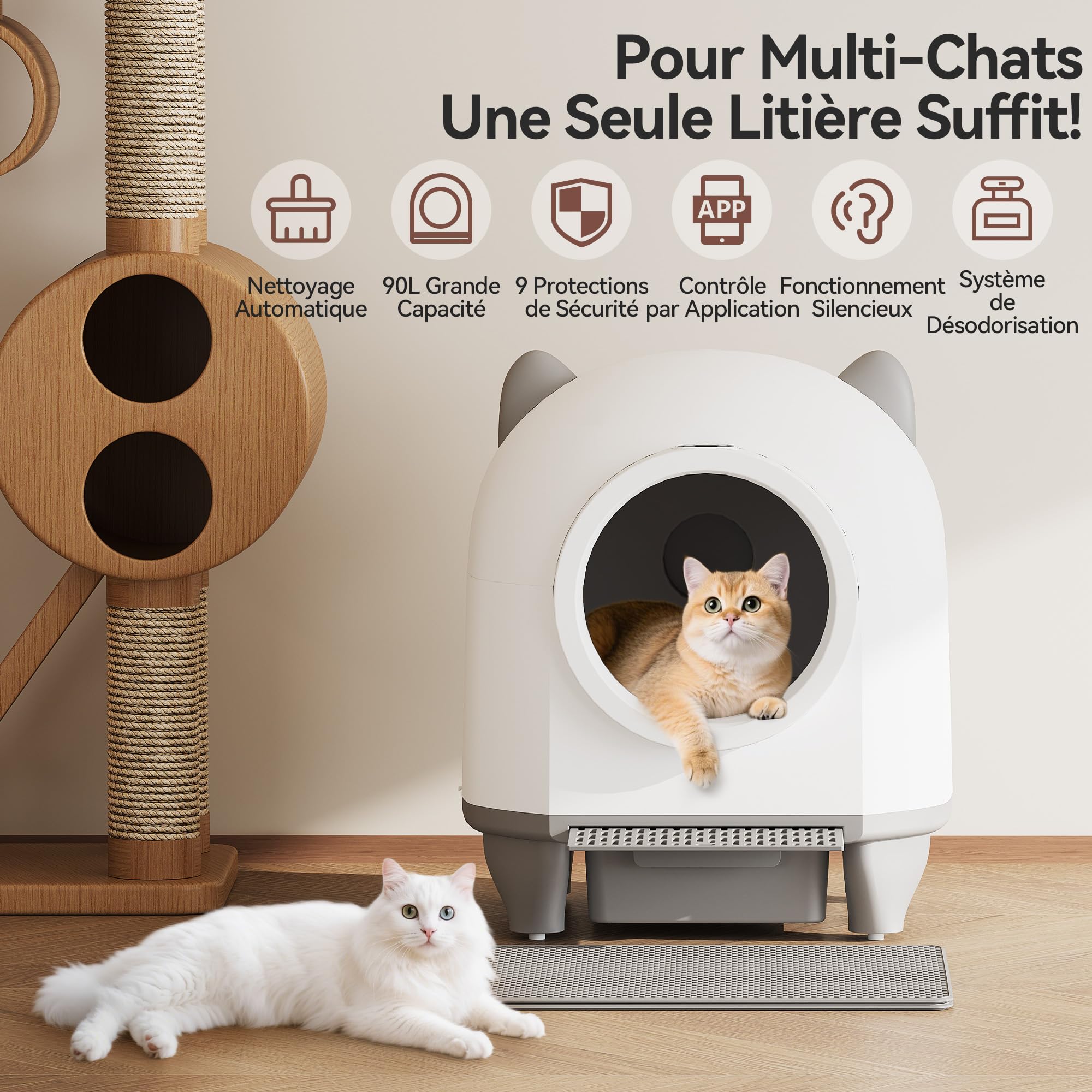 Devoko Litiere Chat Autonettoyante Automatique, Bac Litiere pour Chat XXL 90L, Design en Forme d'oreilles de Chat, Système de Sécurité à Six Niveaux, avec Fonction Désodorisante, Compatible avec APP