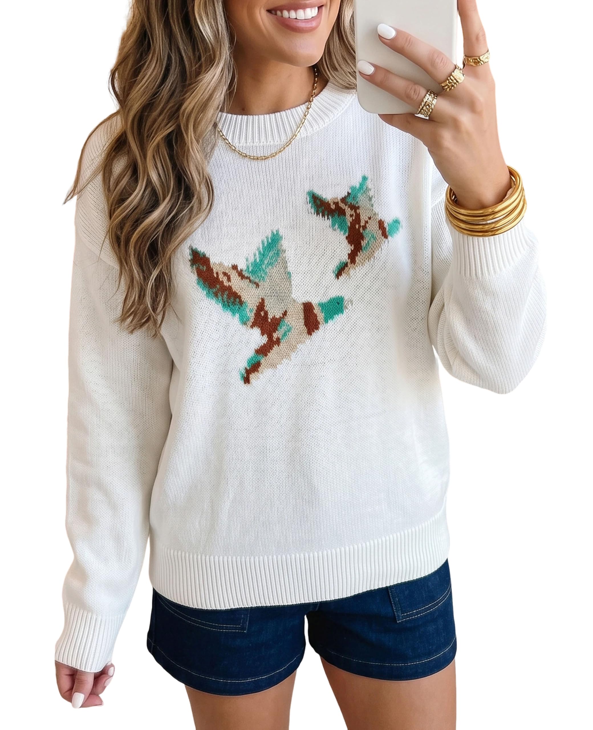 SELINK Women's Holiday Sweater Crew Neck Print Casual Long Sleeve Pullover