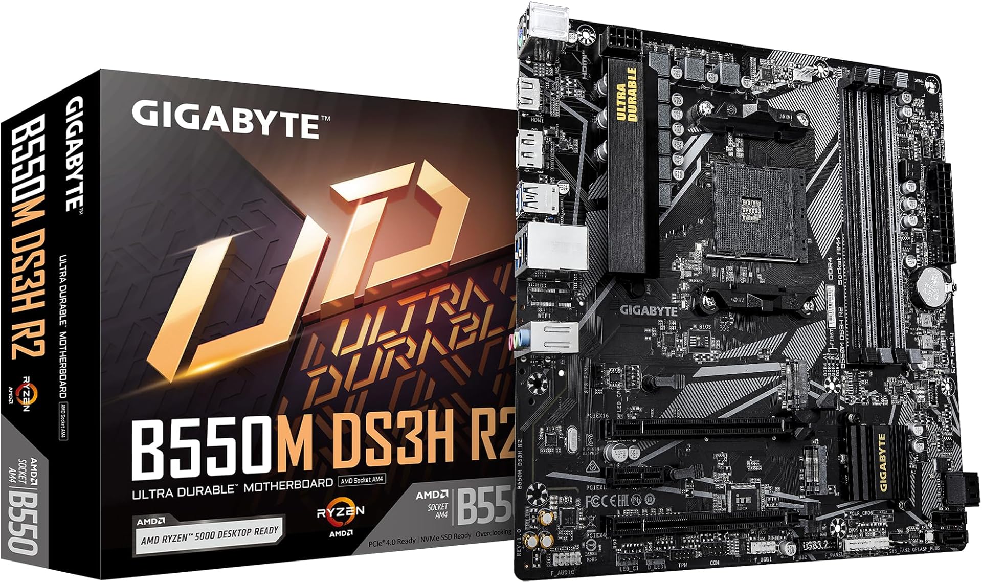 Gigabyte B550M DS3H R2 Motherboard - AMD Ryzen 5000 CPUs, 5+3 Phases VRM, up to 4733MHz DDR4 (O.C.), 1xPCIe 4.0 + 1xPCIe 3.0 M.2, 1GbE LAN, USB 3.2 Gen 1