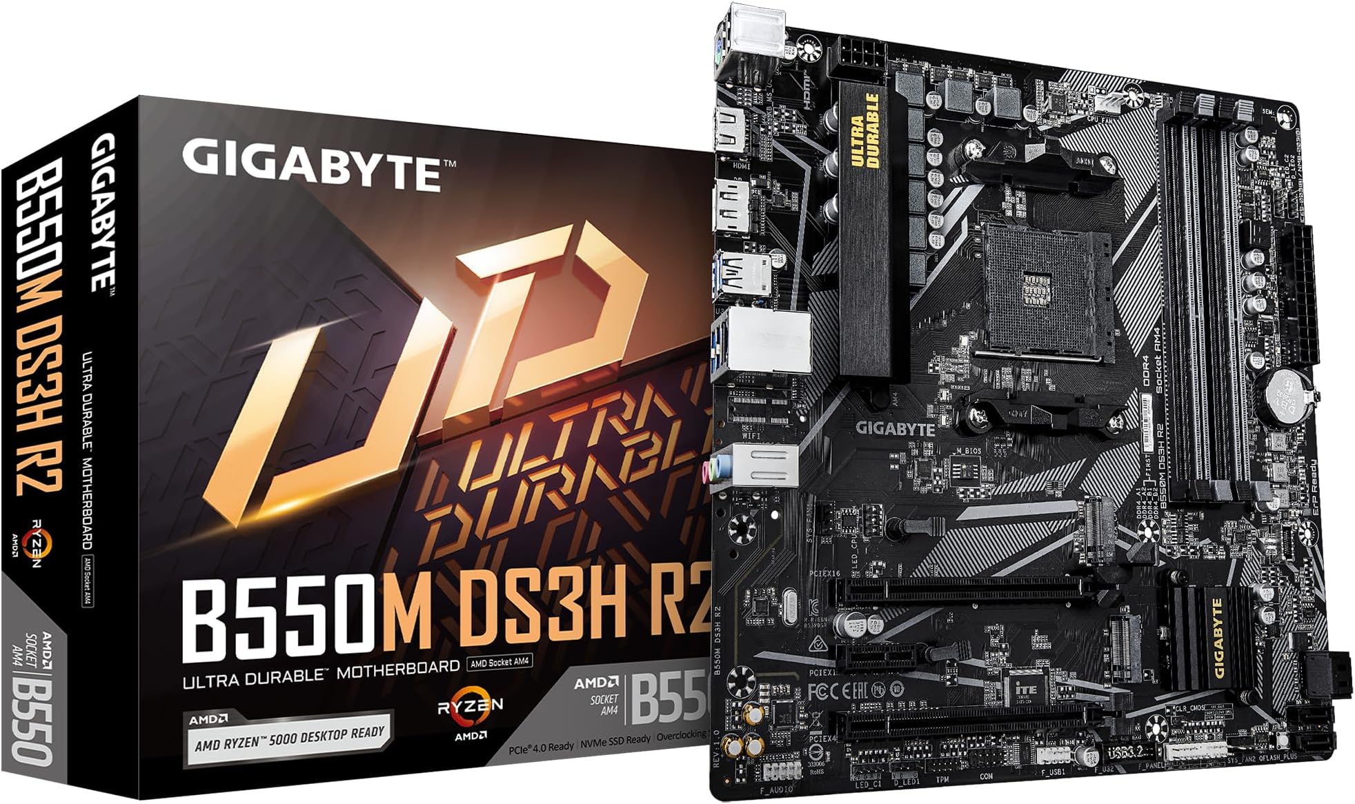 Gigabyte B550M DS3H R2 Motherboard - AMD Ryzen 5000 CPUs, 5+3 Phases VRM, up to 4733MHz DDR4 (O.C.), 1xPCIe 4.0 + 1xPCIe 3.0 M.2, 1GbE LAN, USB 3.2 Gen 1