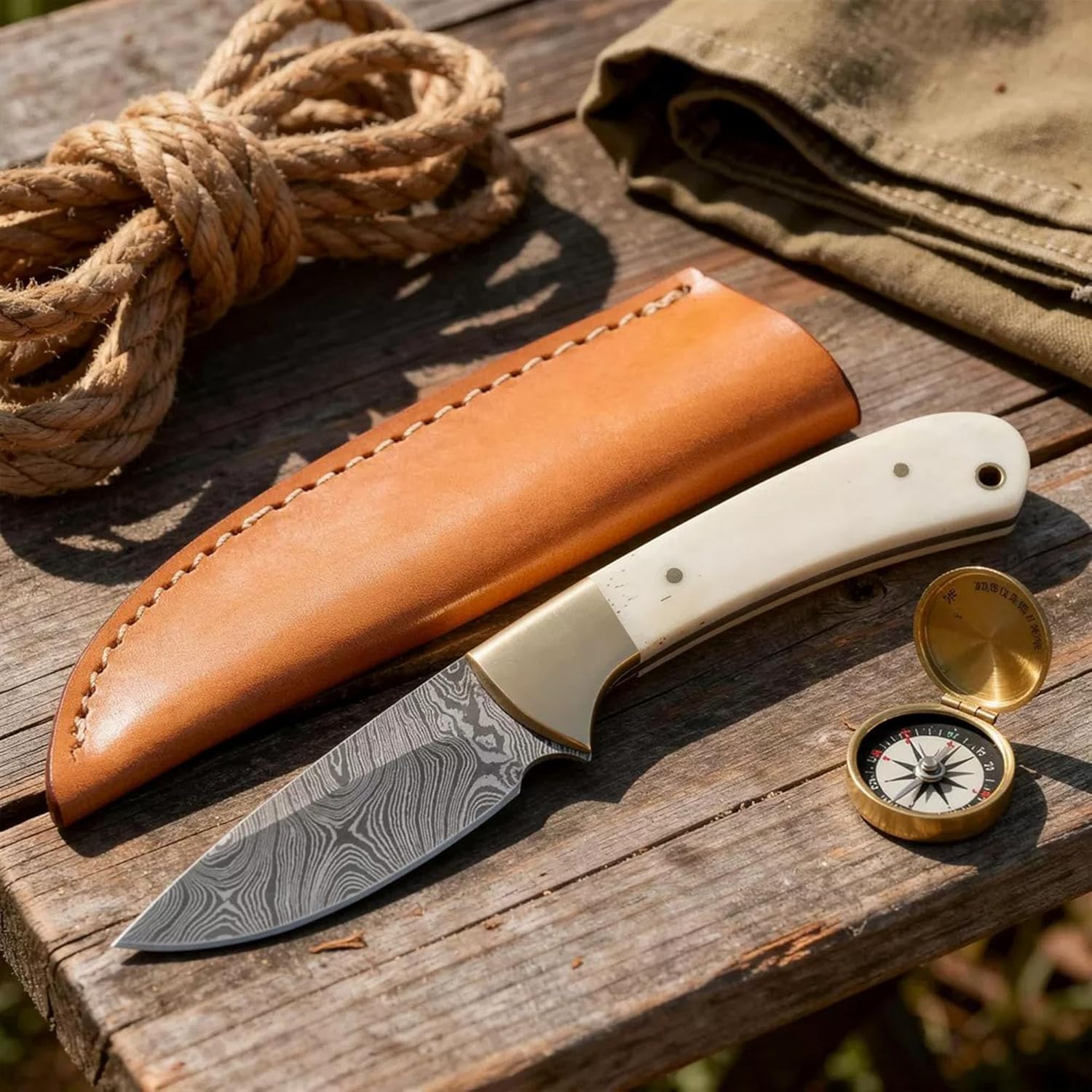 Rite Edge SZCO Skinner Knife 7 Inch - Hunting Knife with Bone Handle, Damascus Steel Blade & Sheath - Pocket Knife for Hunting, Camping & Outdoor uses - Knives for Men