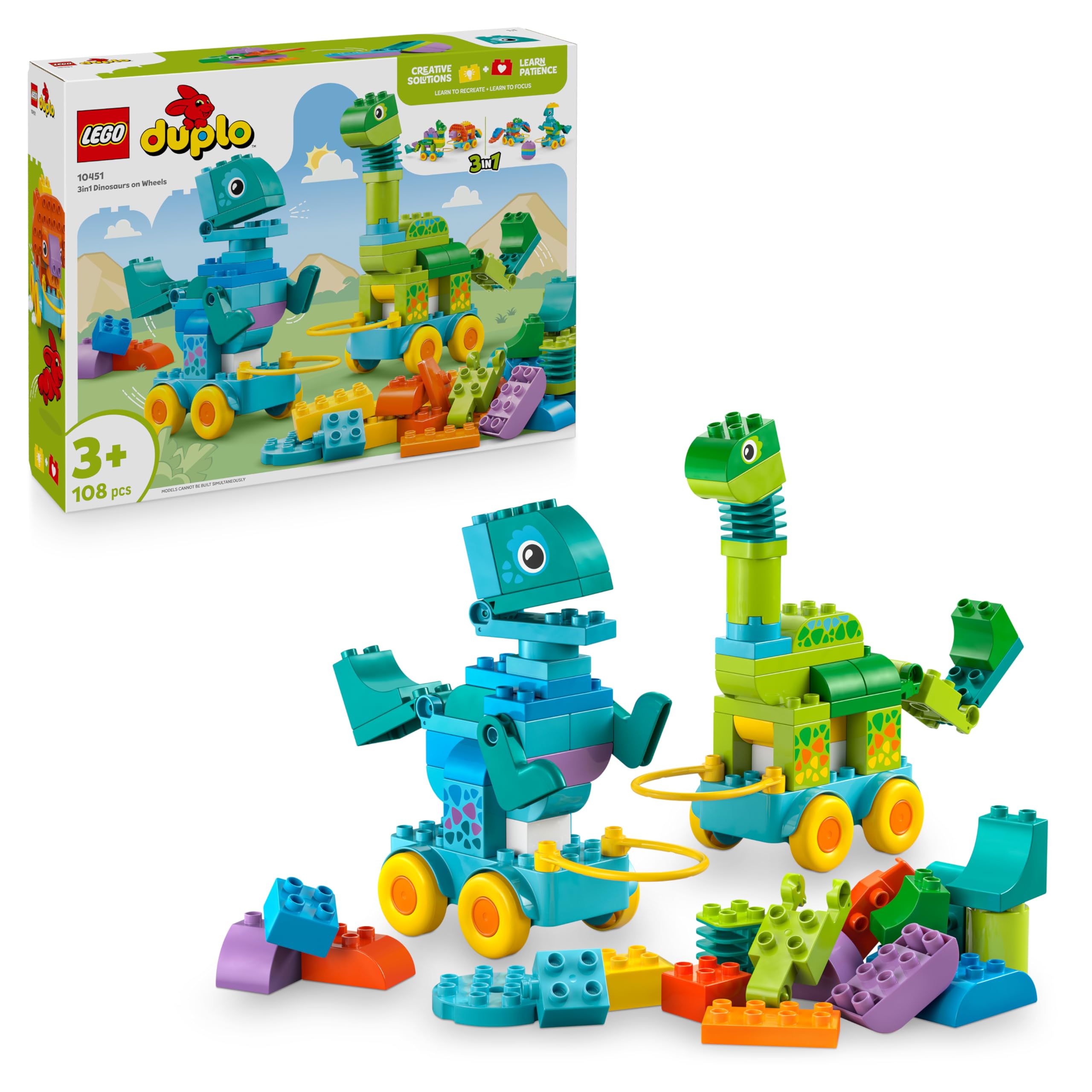 LEGO Duplo Ma Ville Dinosaures sur Roues 3-en-1 Jeu Éducatif pour Fille ou garçon 3 Ans - Diplodocus, T-Rex, tricératops & stégosaure ou ptéranodon & Parasaurolophus - Figurines de Dinosaures 10451