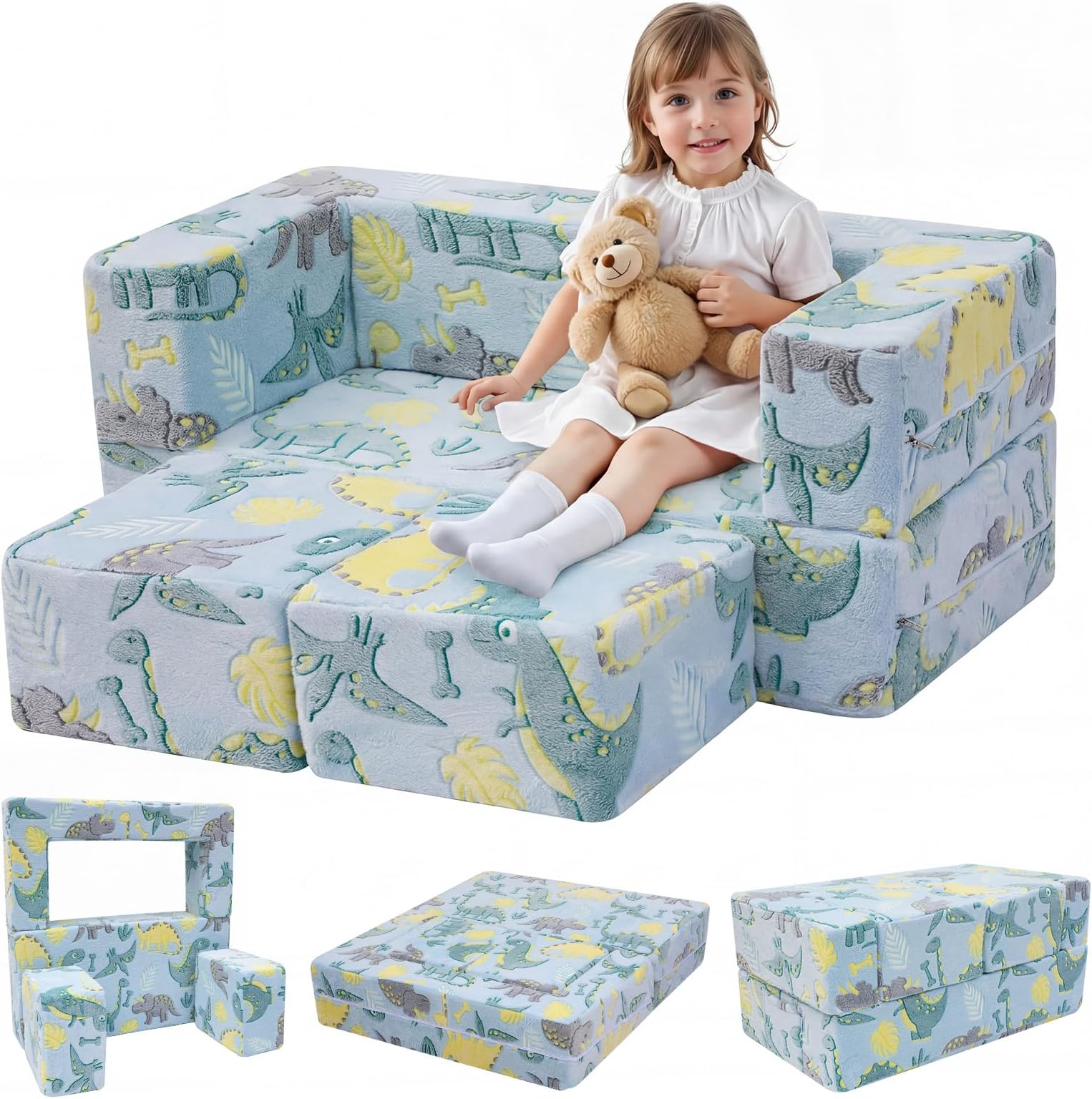 MeMoreCool Glow-in-The-Dark Dinosaur Kids Loveseat - Modular Toddler Play Couch That Folds Out, Convertible Foam Chair & Mini Sofa Bed with Washable Plush Cover, 2-Seat Playroom Furniture