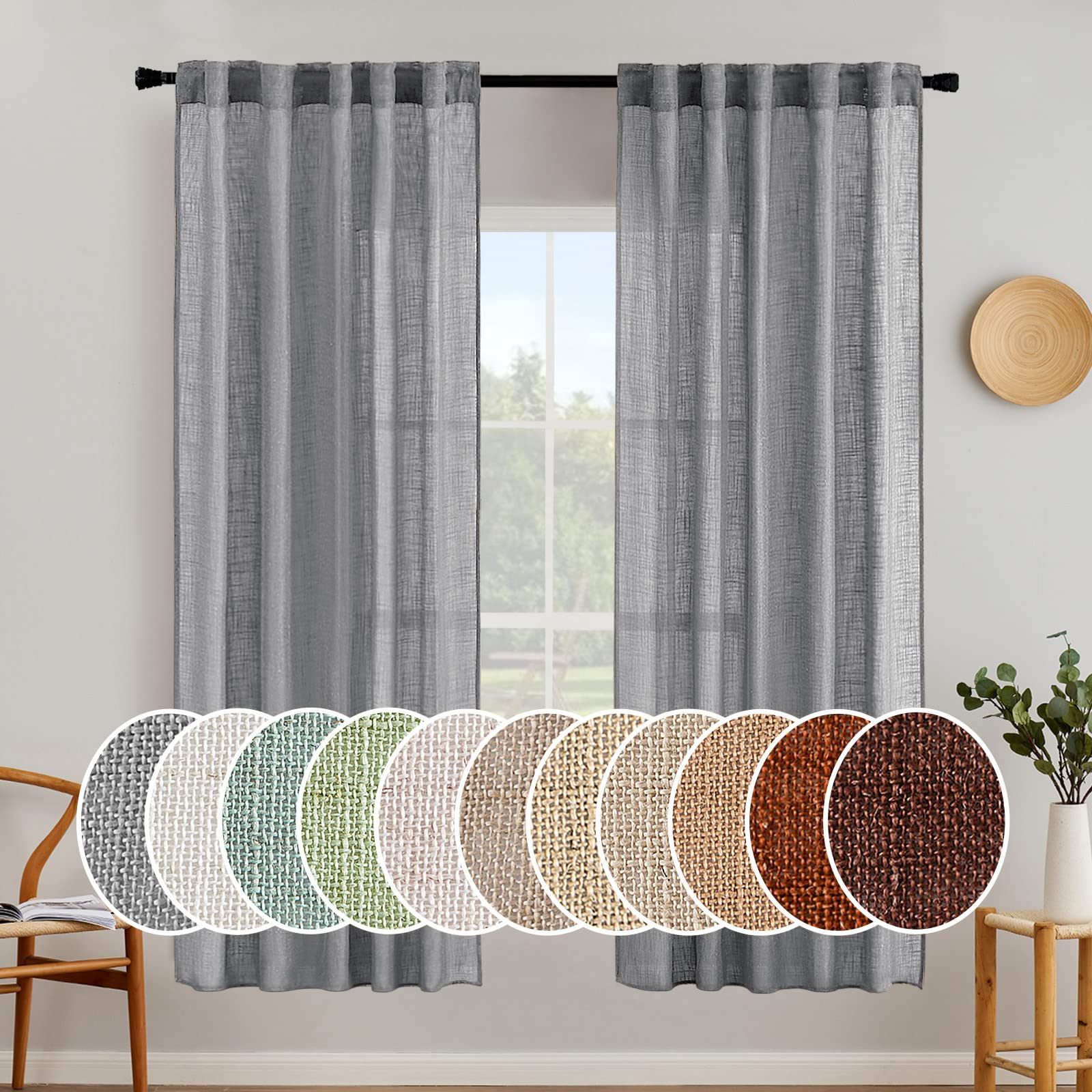 MIULEE Grey Linen Curtains 72 Inch Length for Bedroom Living Room, Soft Thick Linen Textured Window Drapes Gray Semi Sheer Light Filtering Back Tab Rod Pocket Burlap Look Decor, 2 Panels