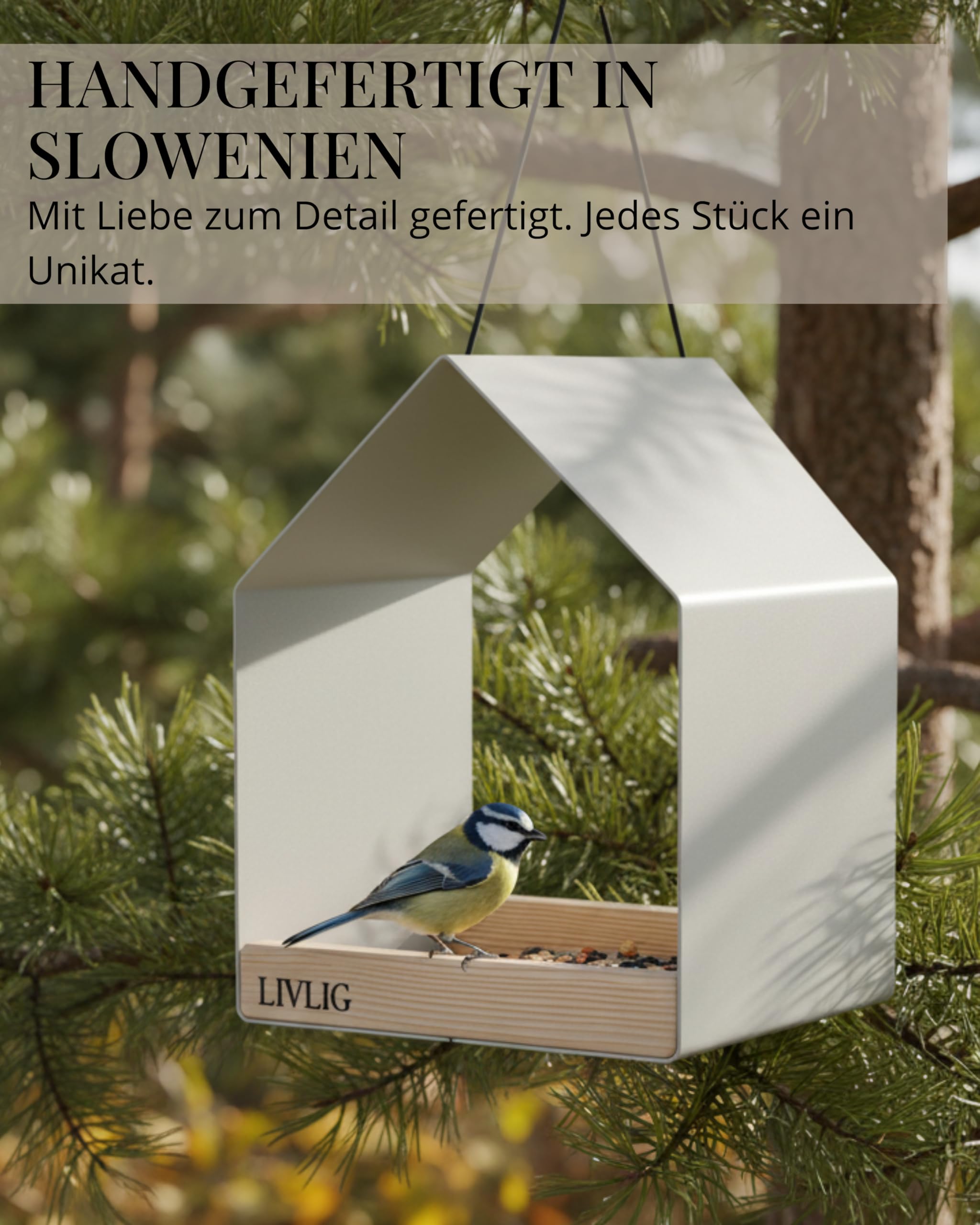 LIVLIG Vogelhaus Metall – 2in1 Vogelfutterhaus & Vogeltränke, Design Vogelhaus zum Aufhängen, wetterfestes Futterhaus für Vögel ganzjährig, Futterspender Vögel, Greige
