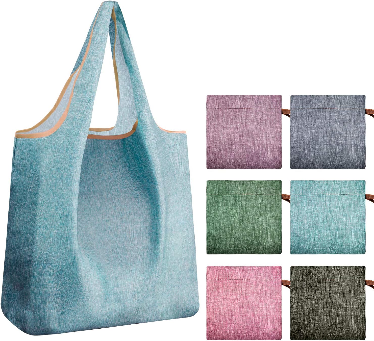 REGER Reusable Shopping Tote Fabric Foldable Bags Compact Pocket Heavy Duty Eco Friendly Machine Washable Denim Blue(Simple colors,Pack of 6)