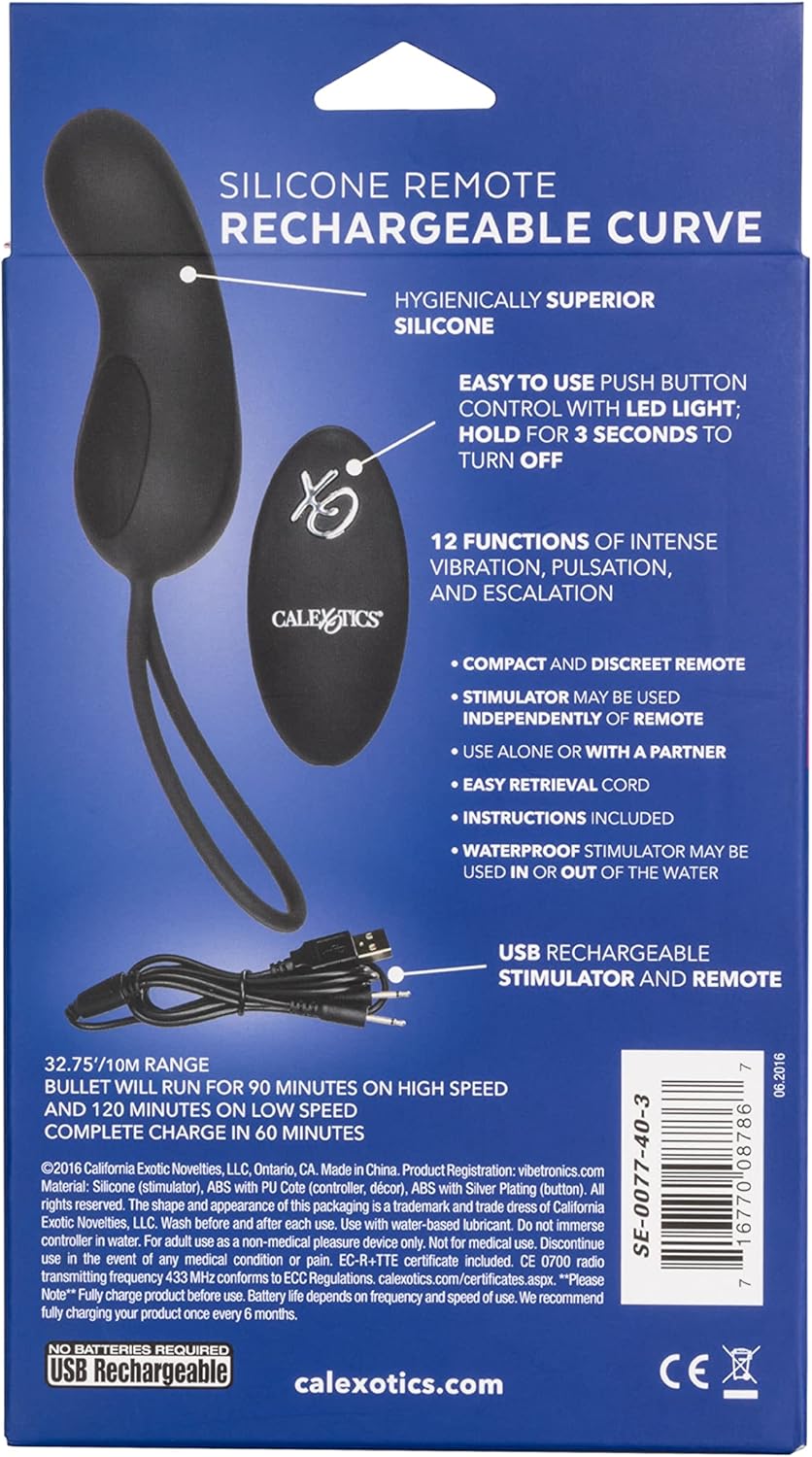 CalExotics Silicone Remote Rechargeable Curve Vibrator, 12-Function Waterproof Silicone Stimulator with Easy Retrieval Cord Black SE-0077-40-3