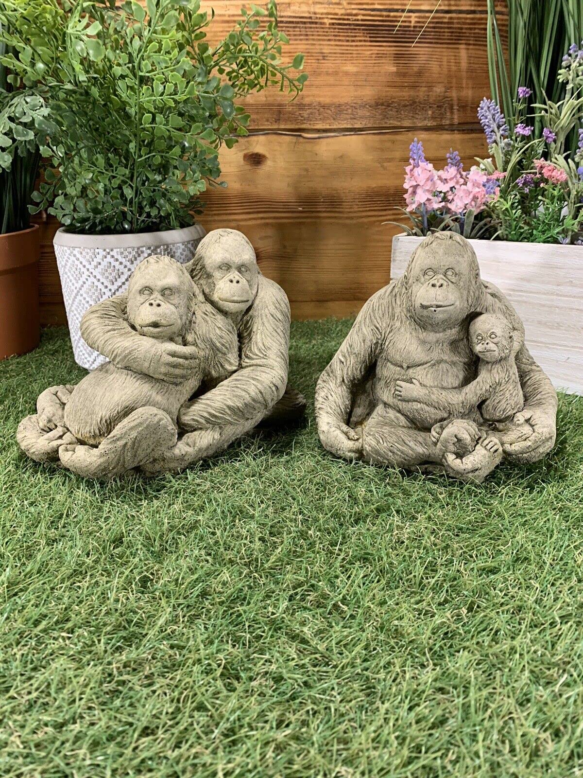 J and L Stone Ornaments Stone Garden Orangutan Loving Couple and Orangutan and Baby Brown Stone Realistic Outdoor Free-standing Sculpture