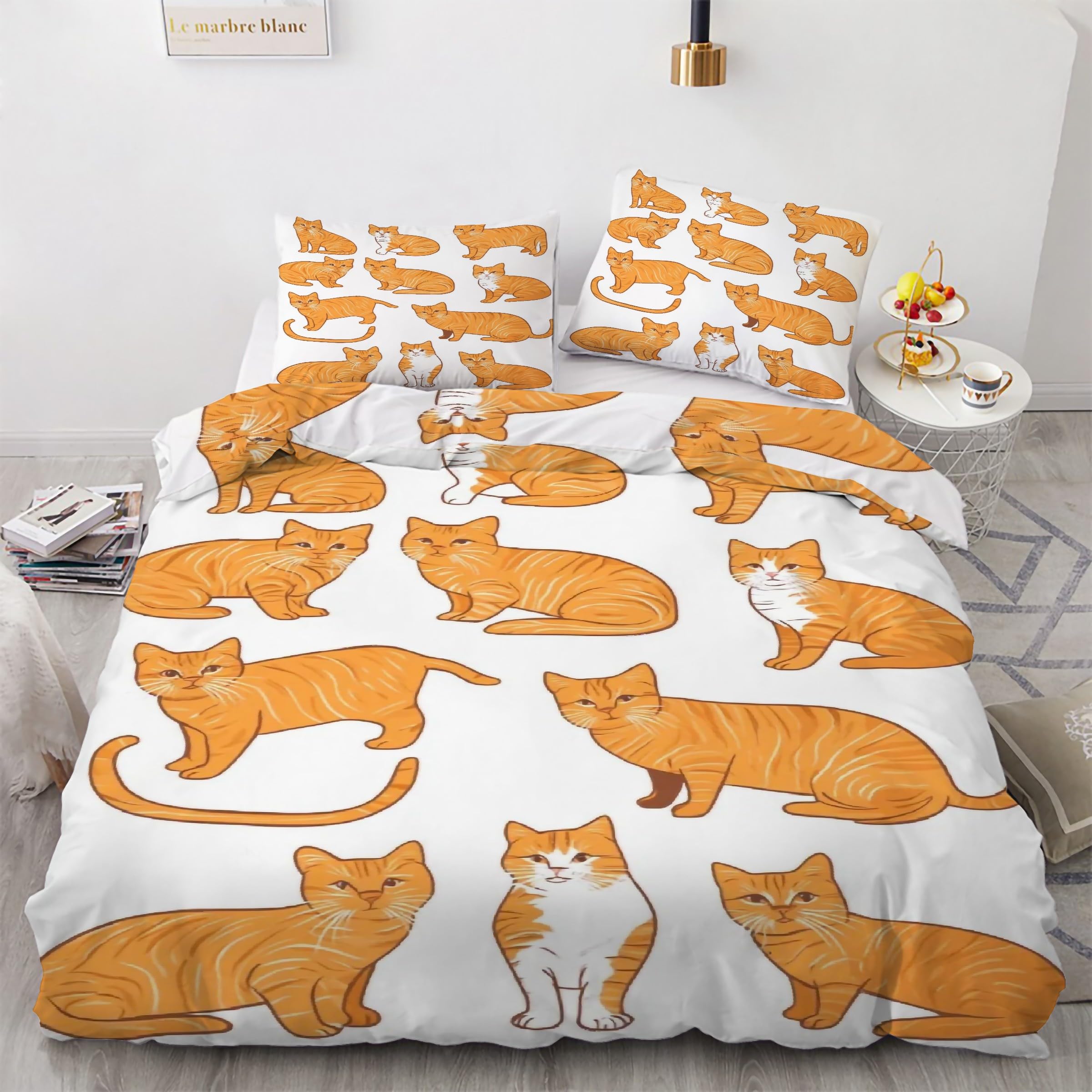 Ensemble de literie 3 pièces chat orange 90x190 anti-plis housse de couette avec zip