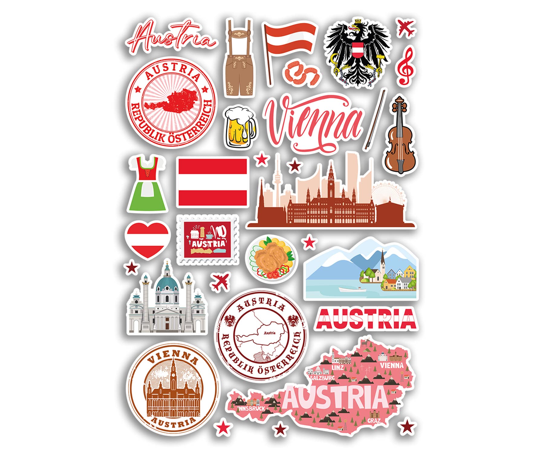 A4 Sticker Sheet Austria Landmarks Vinyl Stickers - Austrian Vienna Map Airport Stamp Skyline Flag Travel Holiday Culture Aesthetic #79996