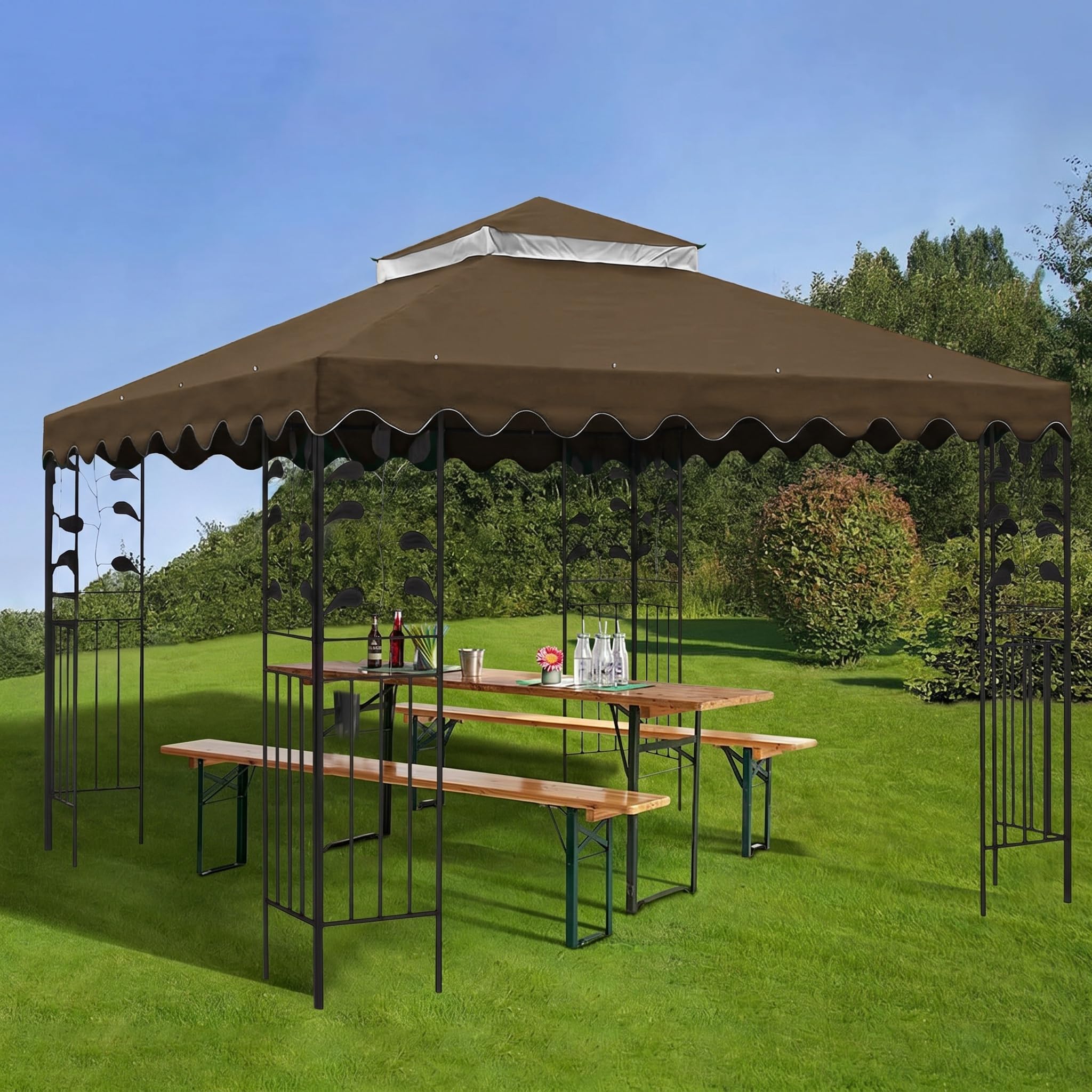 OKYUK Replacement Roof for Gazebo, with Breathable Mesh, UV-Resistant, Stable Waterproof Double Roof Construction, Including Drainage Holes, Ideal for 3x3M Garden Gazebos（Coffee lace）