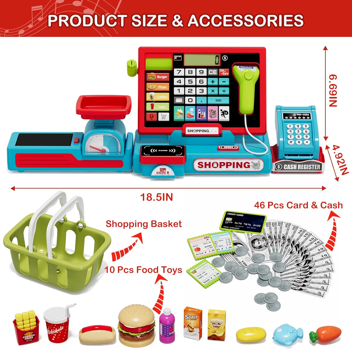 63PCS Cash Register for Kids, Kids Cash Register with Real Calculator, Pretend Play Store with Music/Motorized Conveyor/Play Money/Food Toys, Learning Toys for Boys Girls 3+, Red