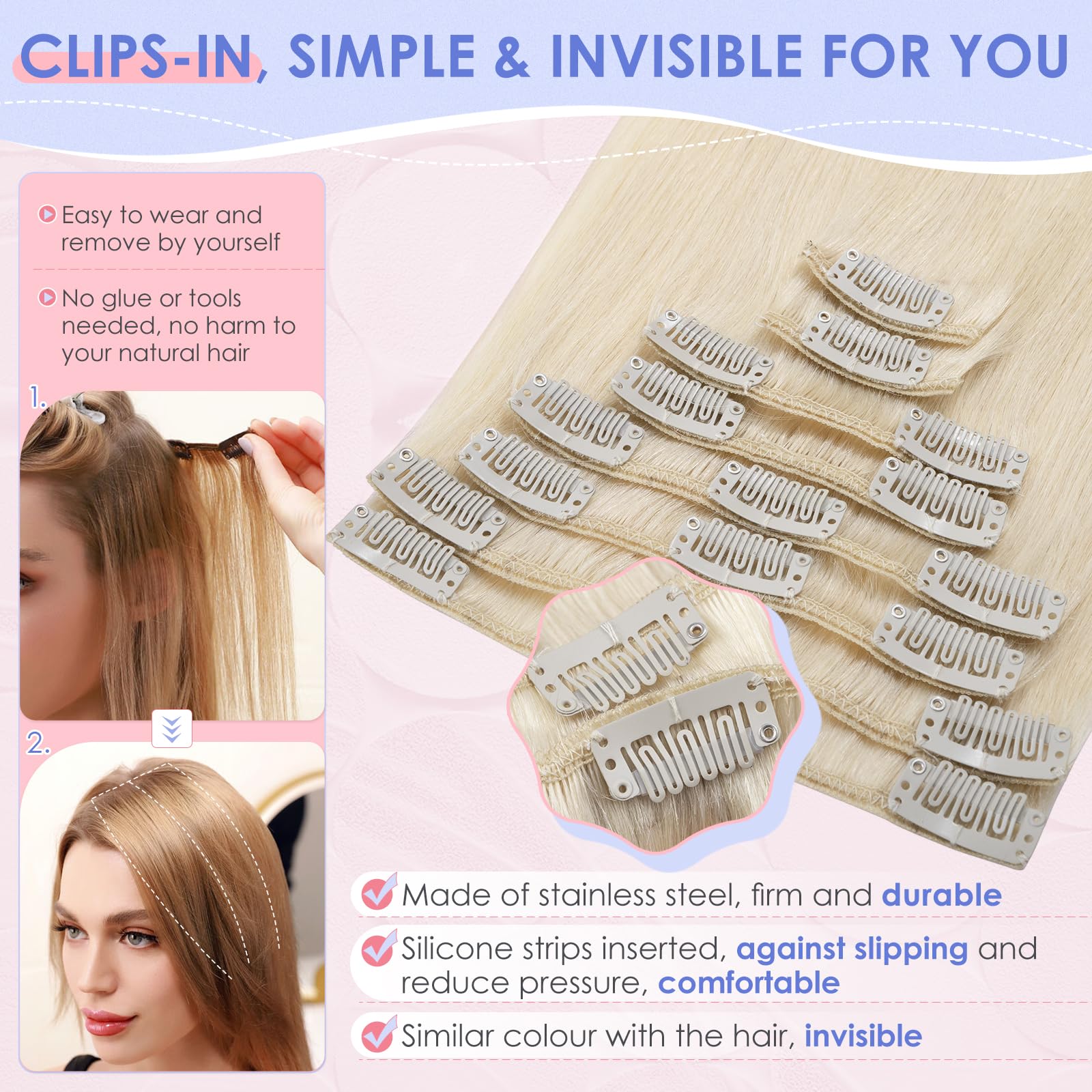 Elailite Blonde Clip in Hair Extensions Human Hair Real Hair Remy Natural Hair, 8 Pieces (Thin Weft) Straight - Image 3