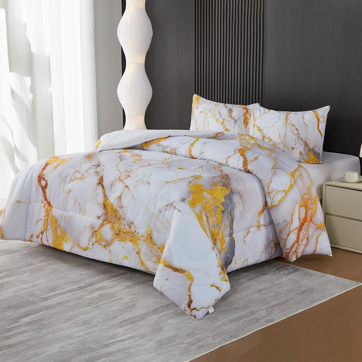 Holawakaka White Gold Marble Print Bedding Comforter Set Queen Size Marbled Bed Sets 3 Pieces (White Gold, Queen) - Image 2