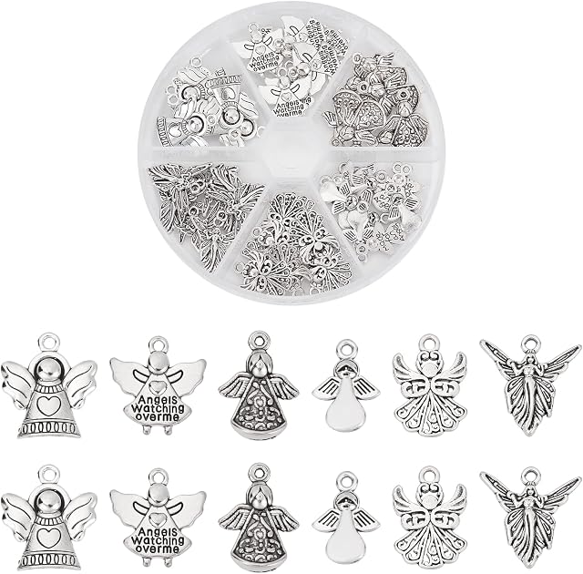 PandaHall Elite 6 Styles about 51 pcs Antique Silver Tibetan Style Alloy Angel Charms Pendants For Jewellery Making Or Necklace Making