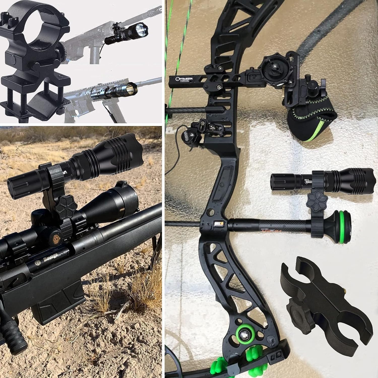 Various mounting options for the VASTFIRE Predator Light, including scope and Picatinny rail mounts.