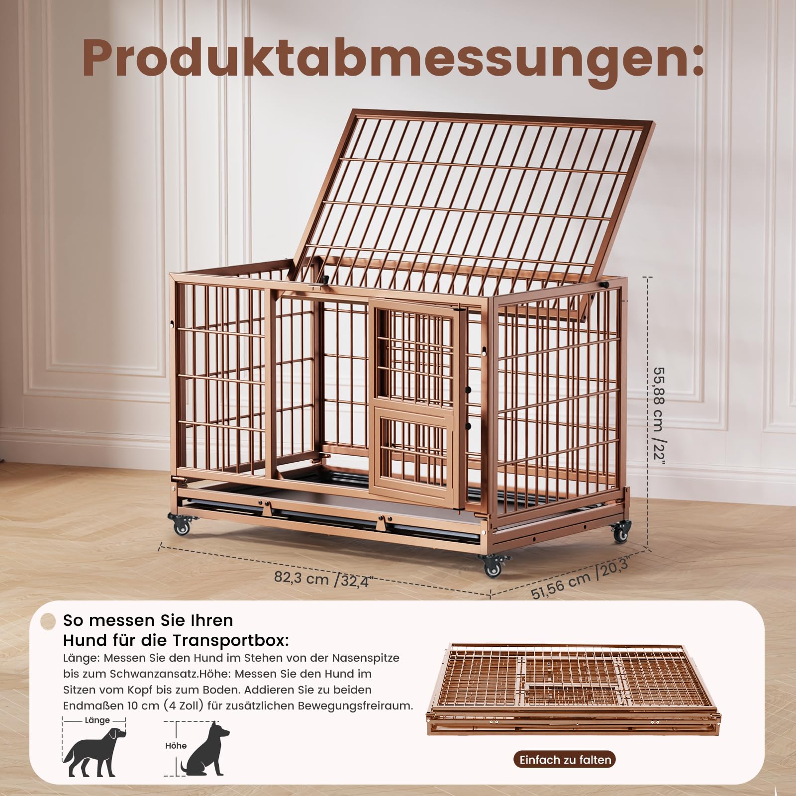 Gardner Pet Hundekäfig faltbar, 82 x 52 x 56 cm, Braun | 3 Türen, Transportkäfig für kleine Hunde mit Höhenangst, Feststellbare Räder, Herausnehmbare Bodenschale