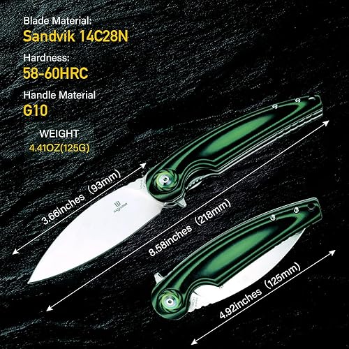 Miniatura 6 de Bulbasaur - Cuchillo de bolsillo plegable, 3.66 pulgadas Sandvik 14C28N hoja de pulido de espejo y mango G10, cuchillo de bloqueo para EDC