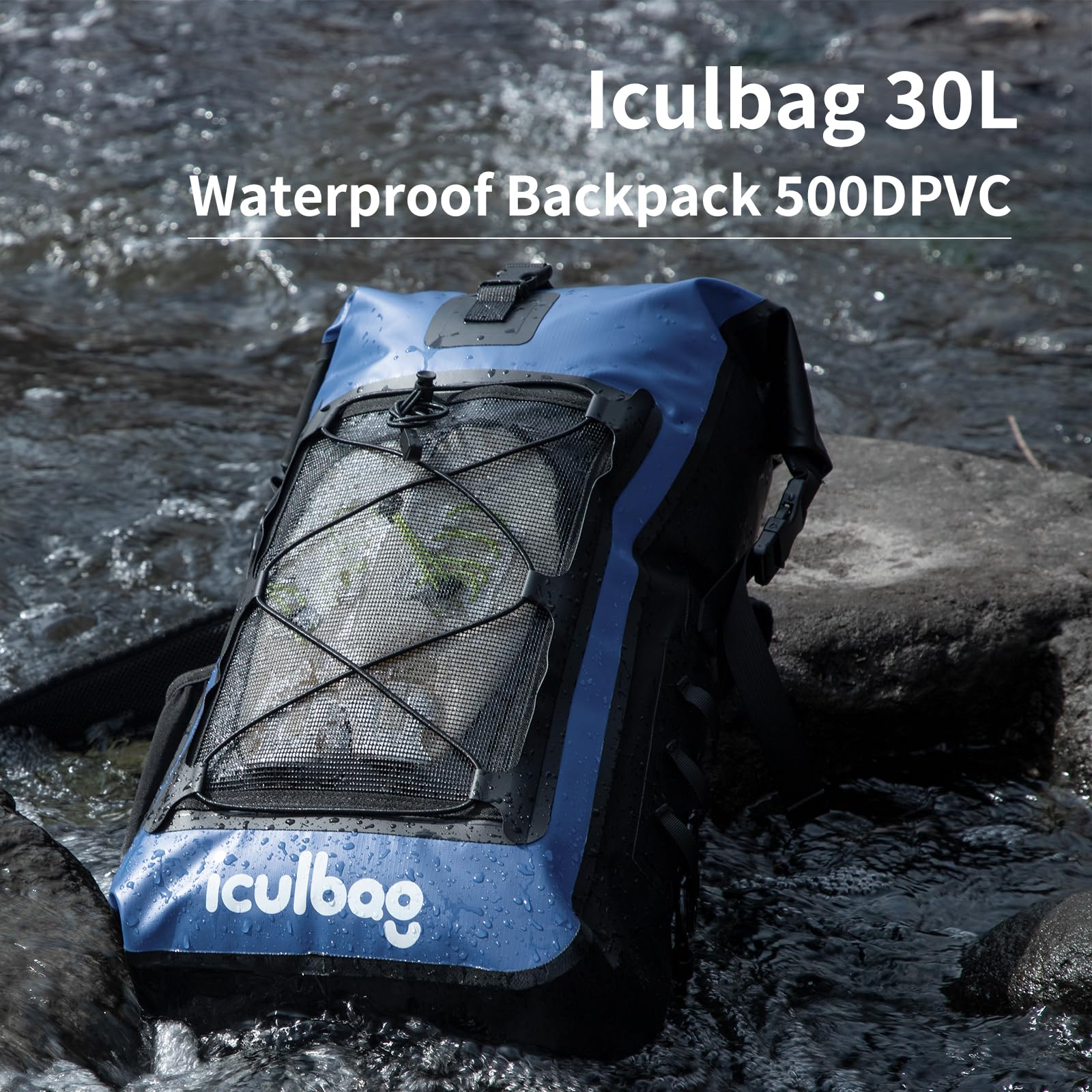 Iculabg - Zaino impermeabile per donne e uomini, da viaggio, escursionismo, impermeabile, per kayak, spiaggia, campeggio, zaino impermeabile, grande, blu, 30L/40L
