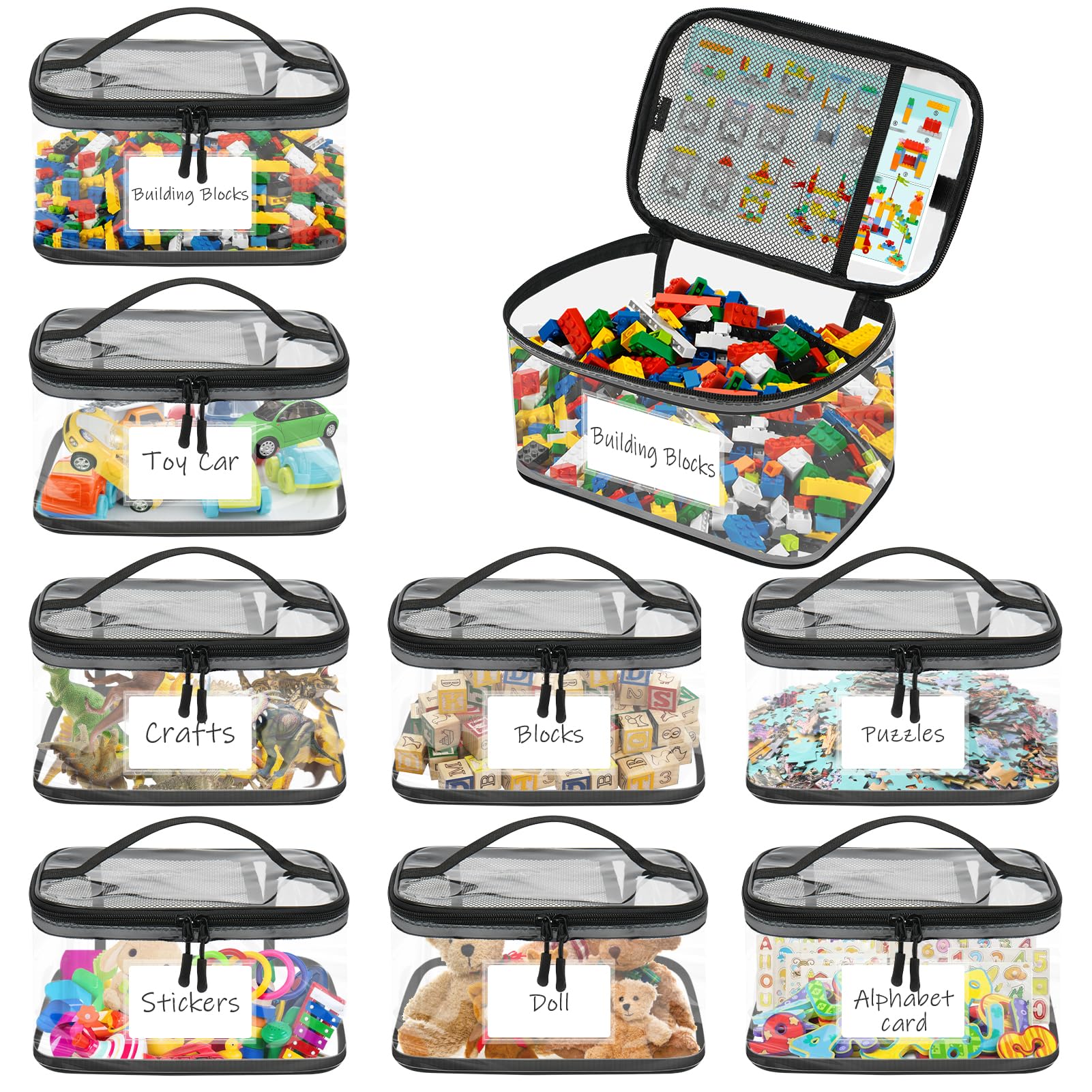 8st Speelgoedopbergzakken met Ritssluiting, 32x31x8cm Doorzichtige Opbergzakken PVC Speelgoedorganiserende Tassen Speelgoedzakken voor Bouwstenen Puzzels Speelgoed