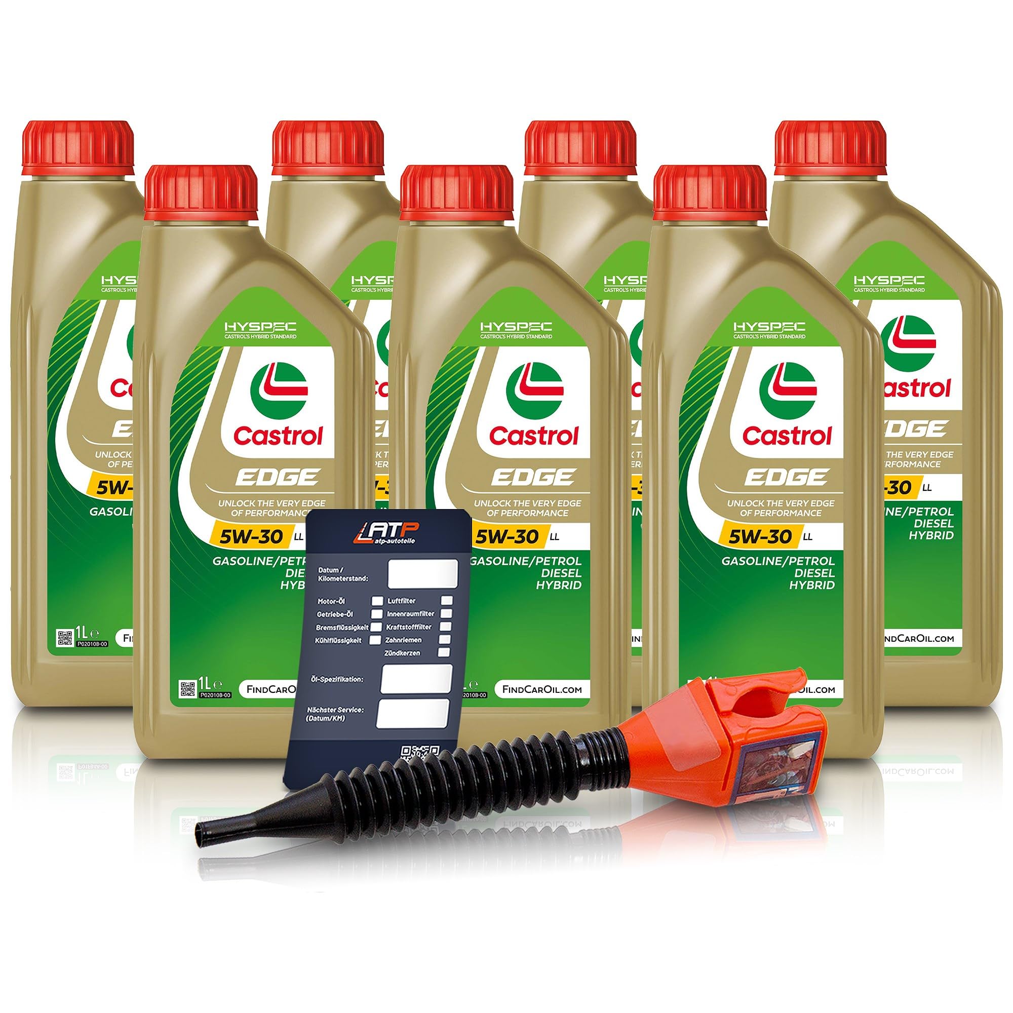 7x 1 L Liter Castrol Edge Fluid Titanium 5W-30 LL Motoröl inkl. Castrol Ölwechselanhänger und Einfülltrichter